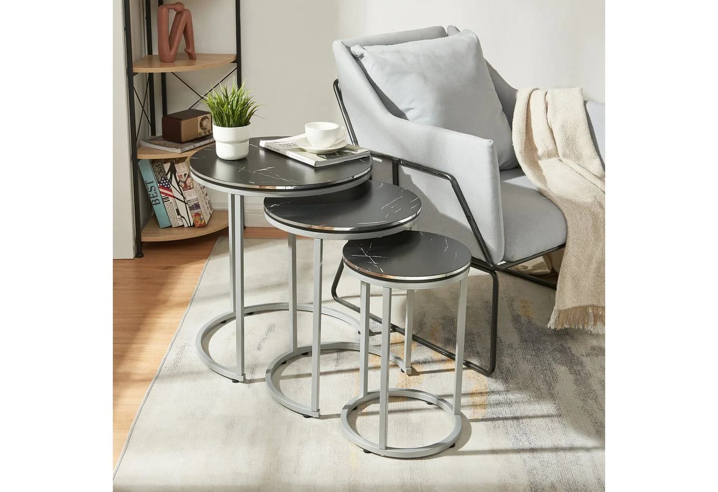 en.casa Satztisch 3er Set Bornholm Metallgestell Marmoroptik Schwarz - Bild 5