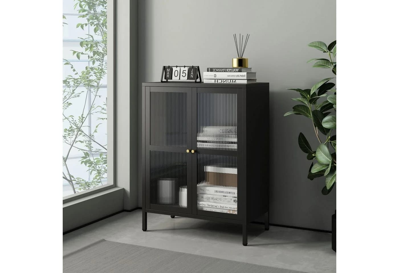 en.casa Sideboard Säkylä Schwarz Stahl mit Glastüren