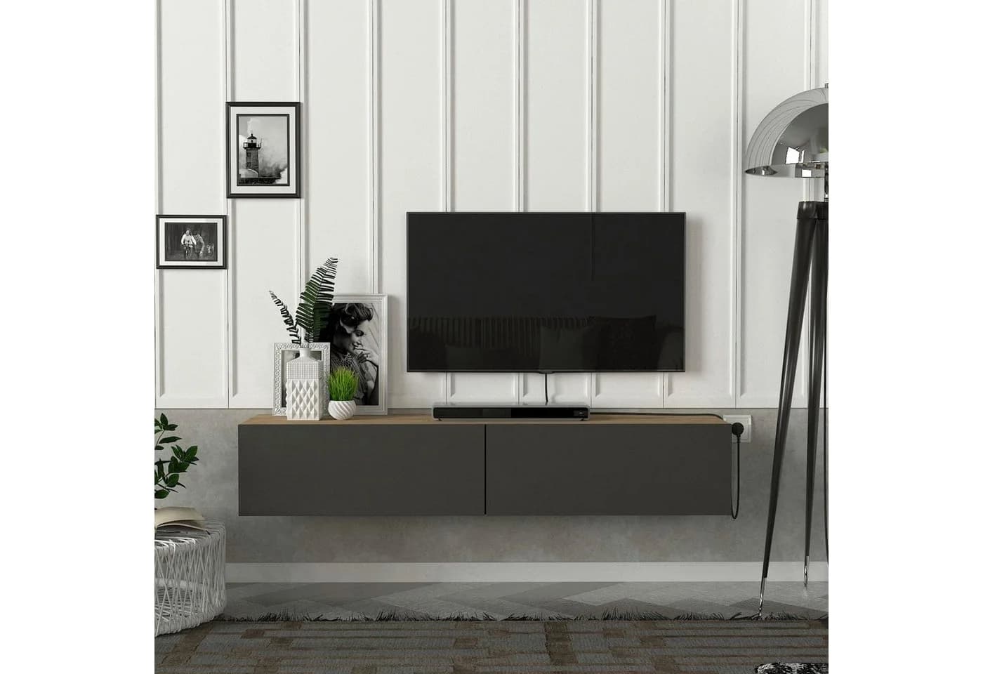 en.casa TV-Schrank Toivakka Wandmontage Eiche-Optik Anthrazit