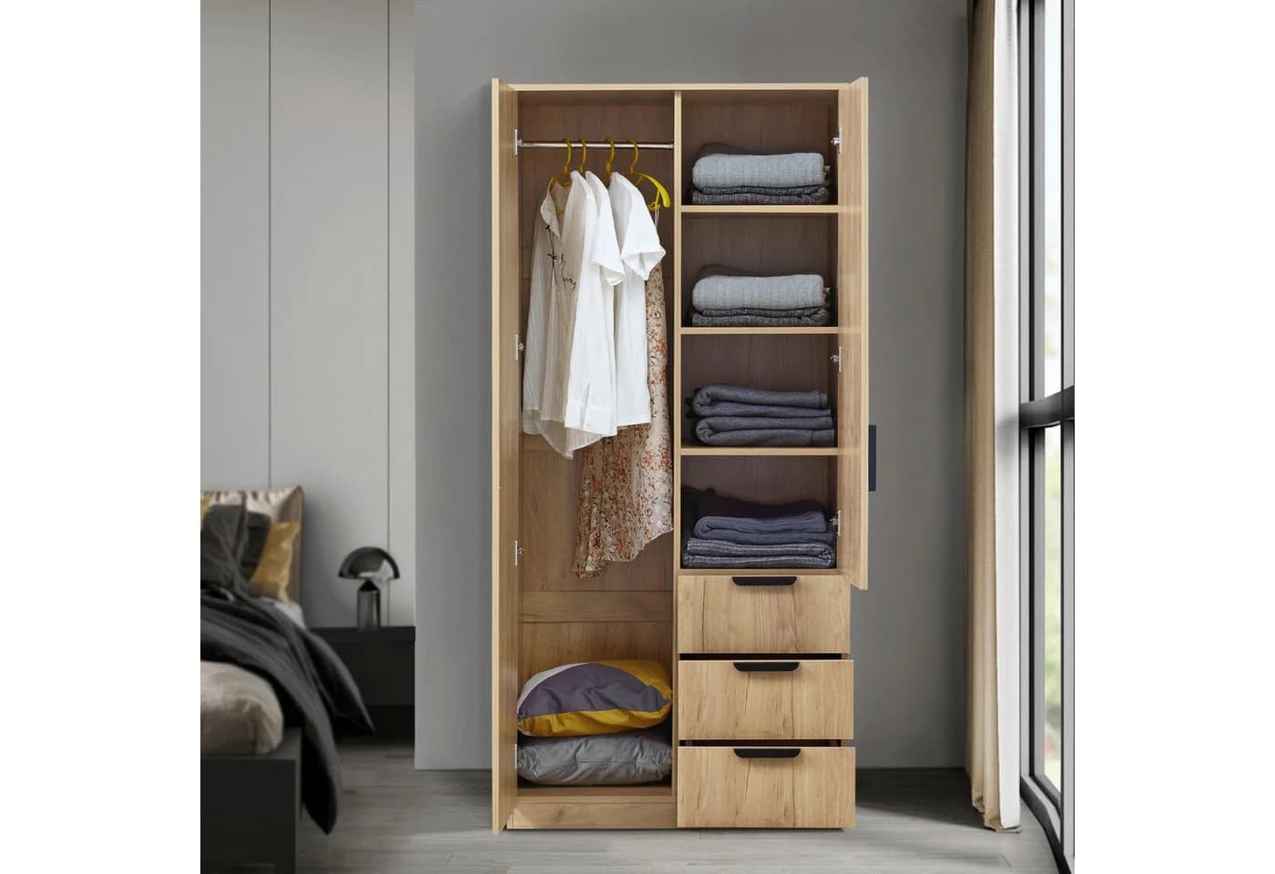 en.casa Kleiderschrank Eiselfing 2 Türen 3 Schubladen Eicheoptik