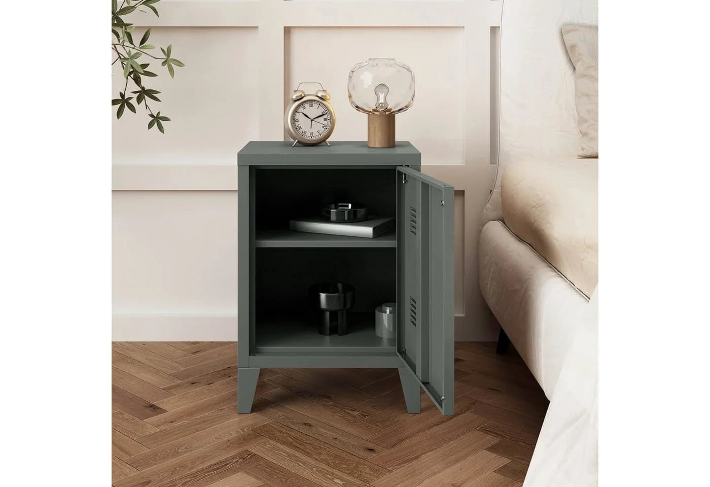 en.casa Nachtschrank Inari Stahl Dunkelgrau mit Türgriff links - Bild 3