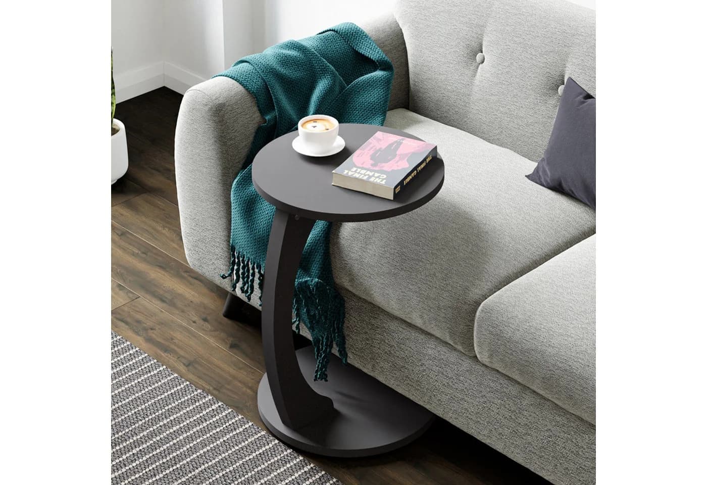 en.casa Beistelltisch C-Form Grau mit Rollen