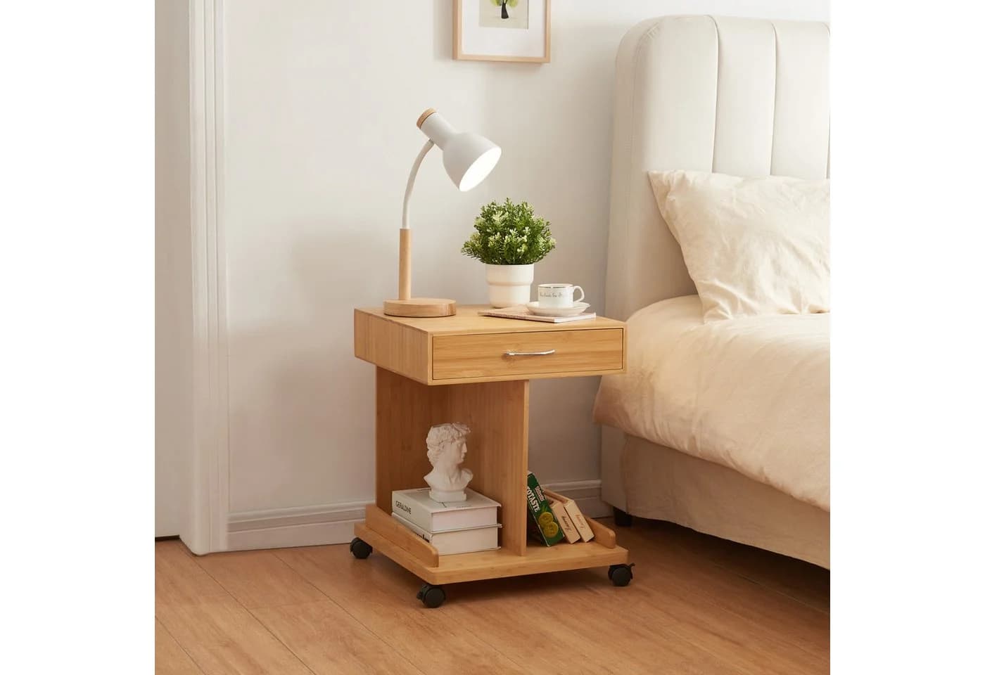 en.casa Beistelltisch Bambus Beige mit Schublade