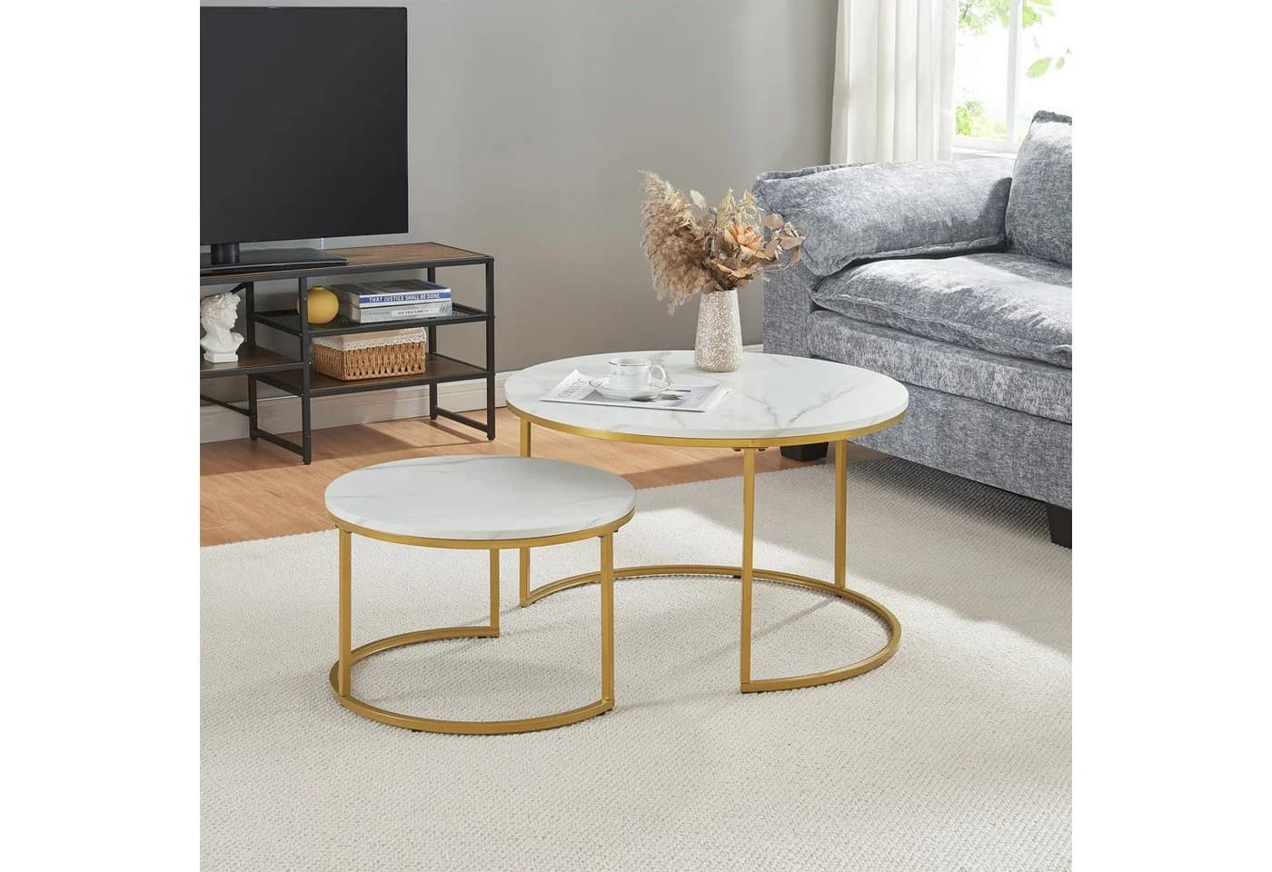 en.casa Couchtisch Set 2-tlg. Christchurch Weiß/Gold Rund