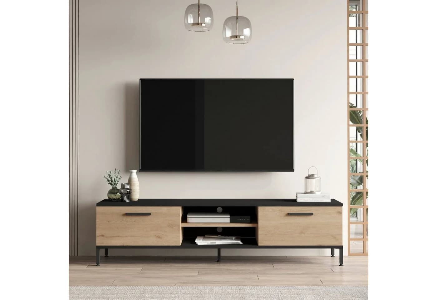en.casa TV-Schrank Lempäälä Eiche/Schwarz mit 2 Schranktüren