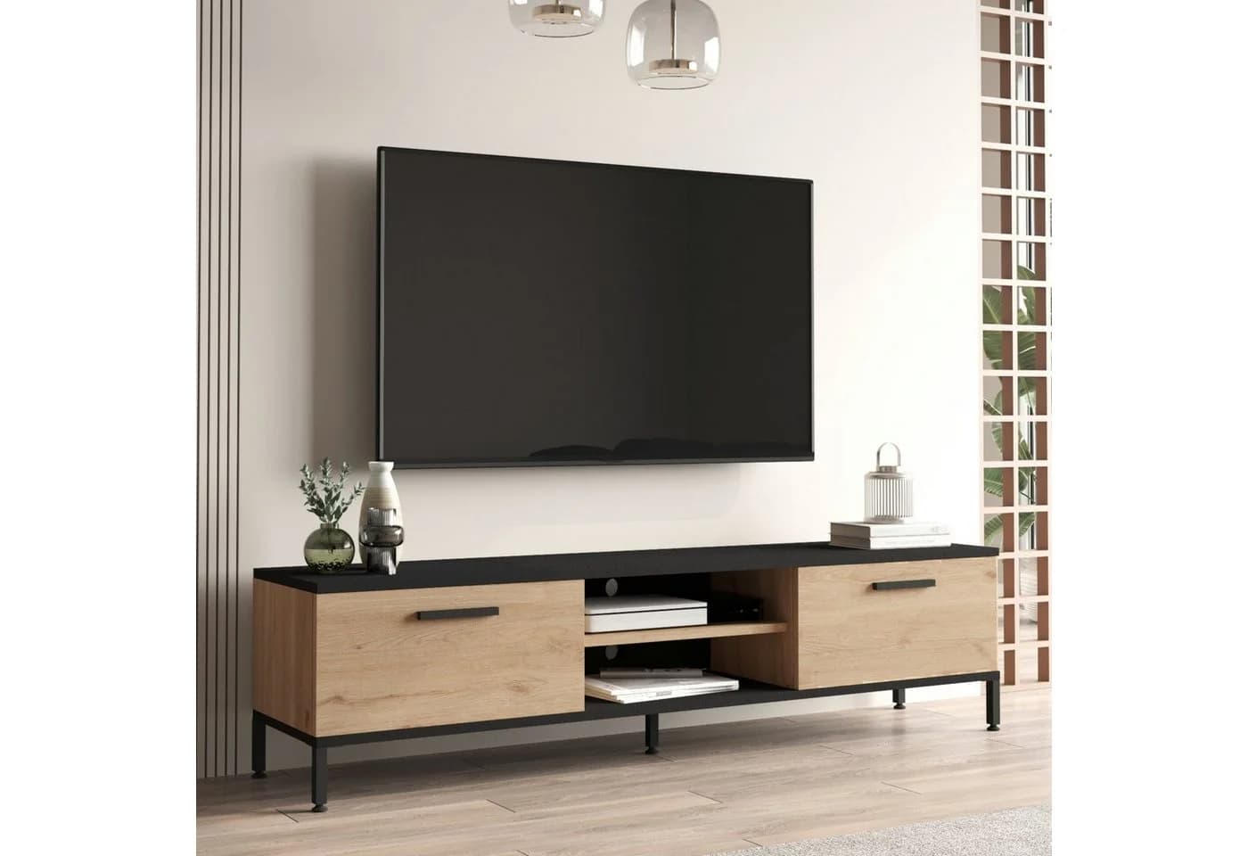 en.casa TV-Schrank Lempäälä Eiche/Schwarz mit 2 Schranktüren - Bild 2