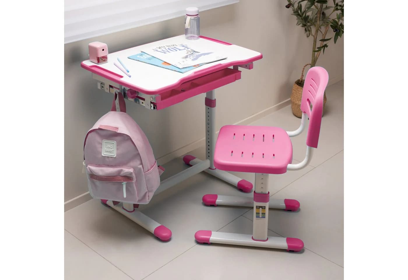 en.casa Kinderschreibtischset Sala 2-tlg. mit Stuhl höhenverstellbar Pink
