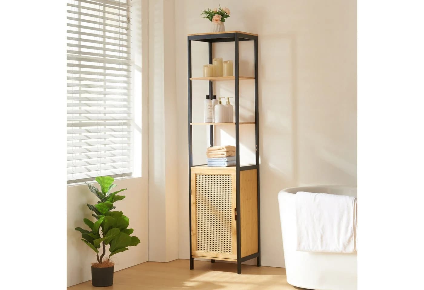en.casa Badregal, »Tervola« Hochschrank Bambus/Rattanoptik Schwarz