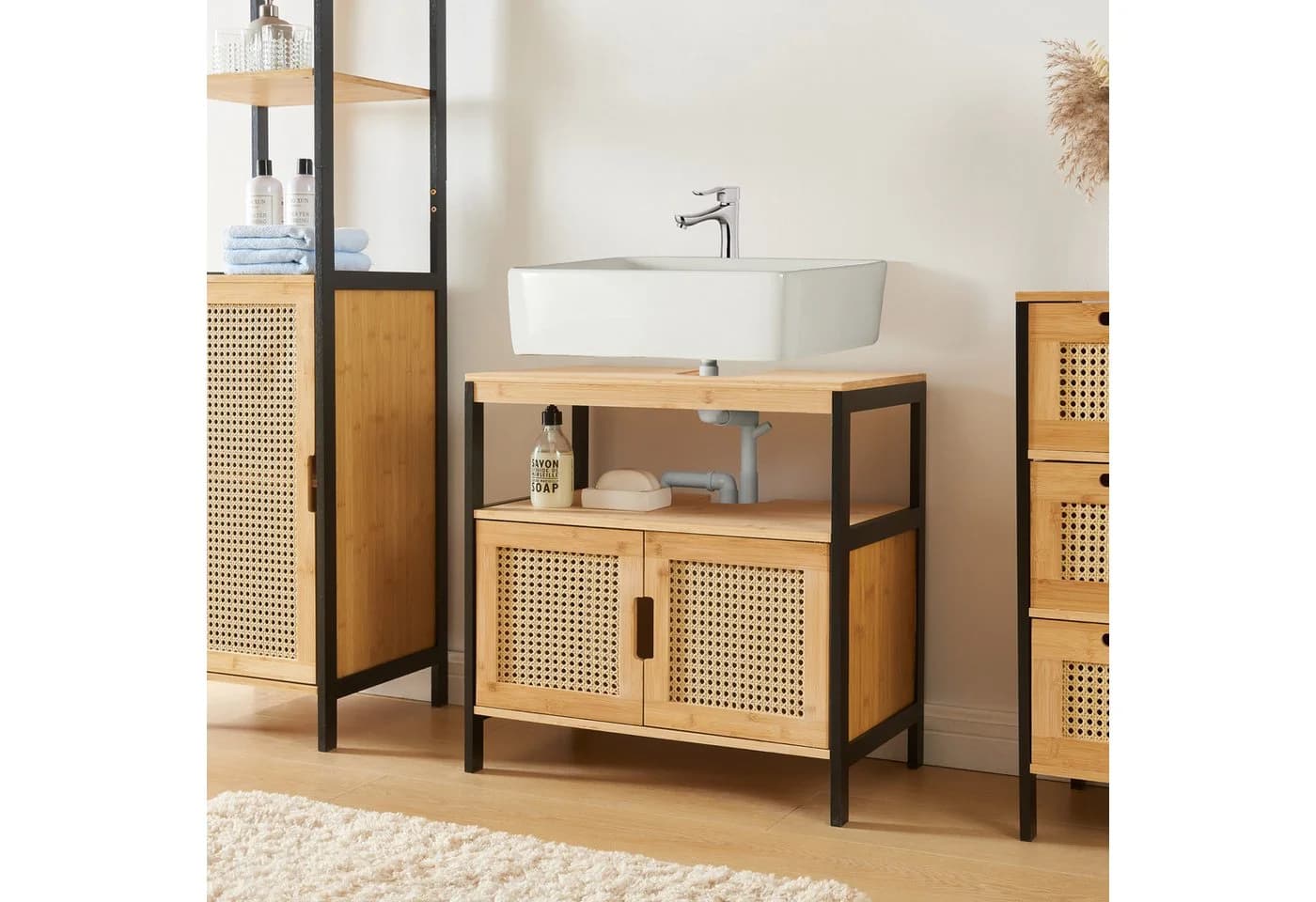 en.casa Waschbeckenunterschrank Tervola Schwarz/Bambus mit Ablage