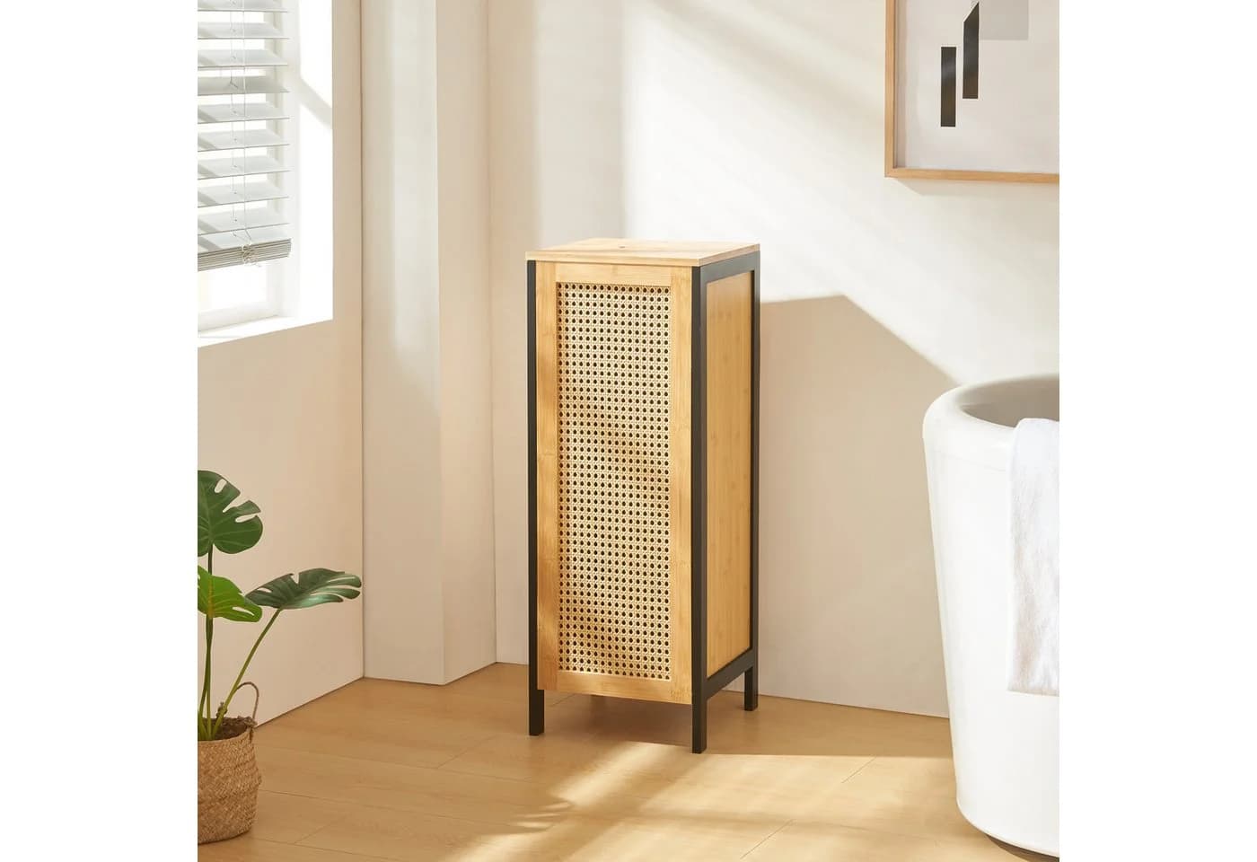en.casa Wäschebox Tervola Schwarz Bambus Rattanoptik