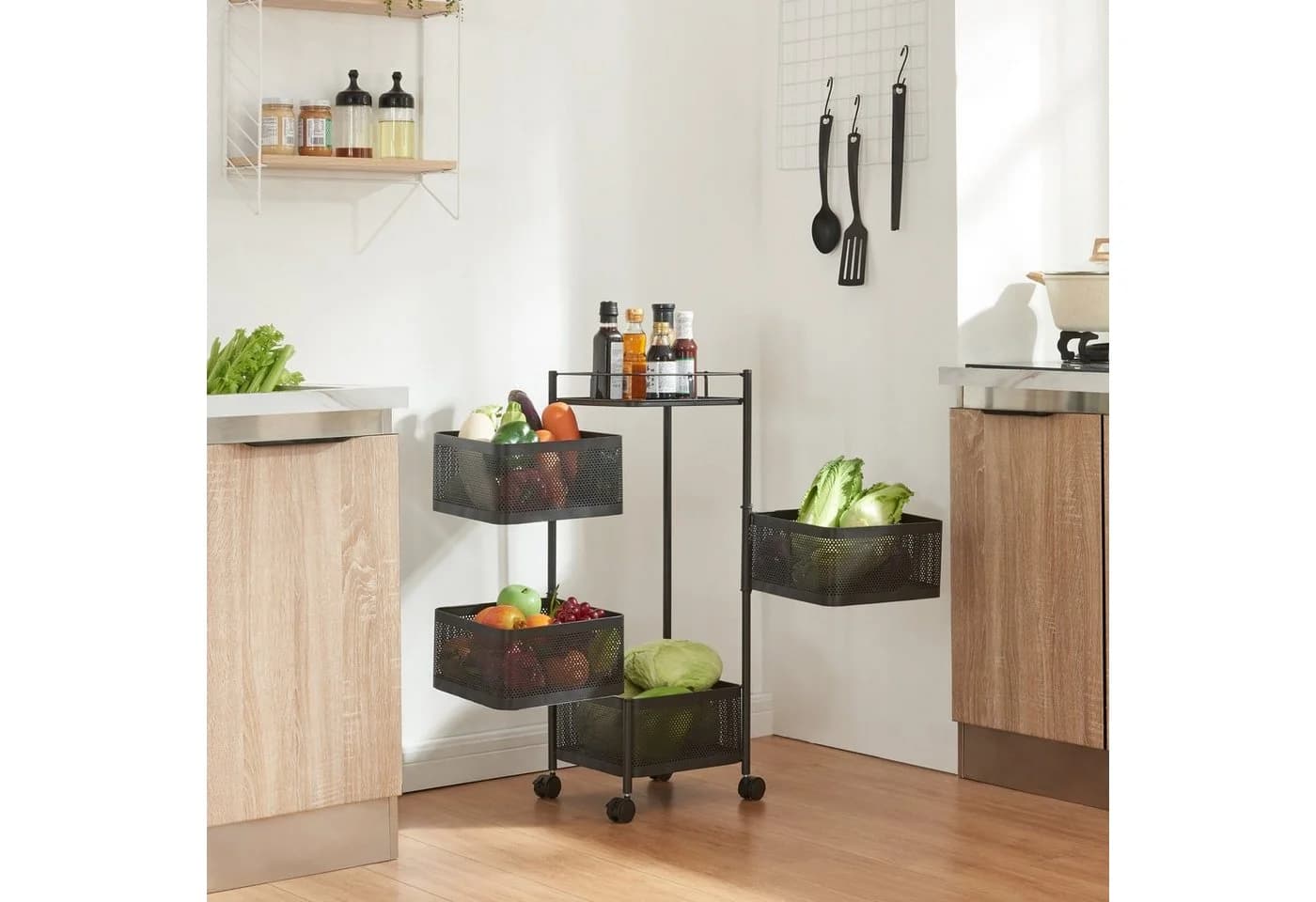 en.casa Servierwagen Schwarz mit 4 Ablagekörben & Rollen - Bild 3