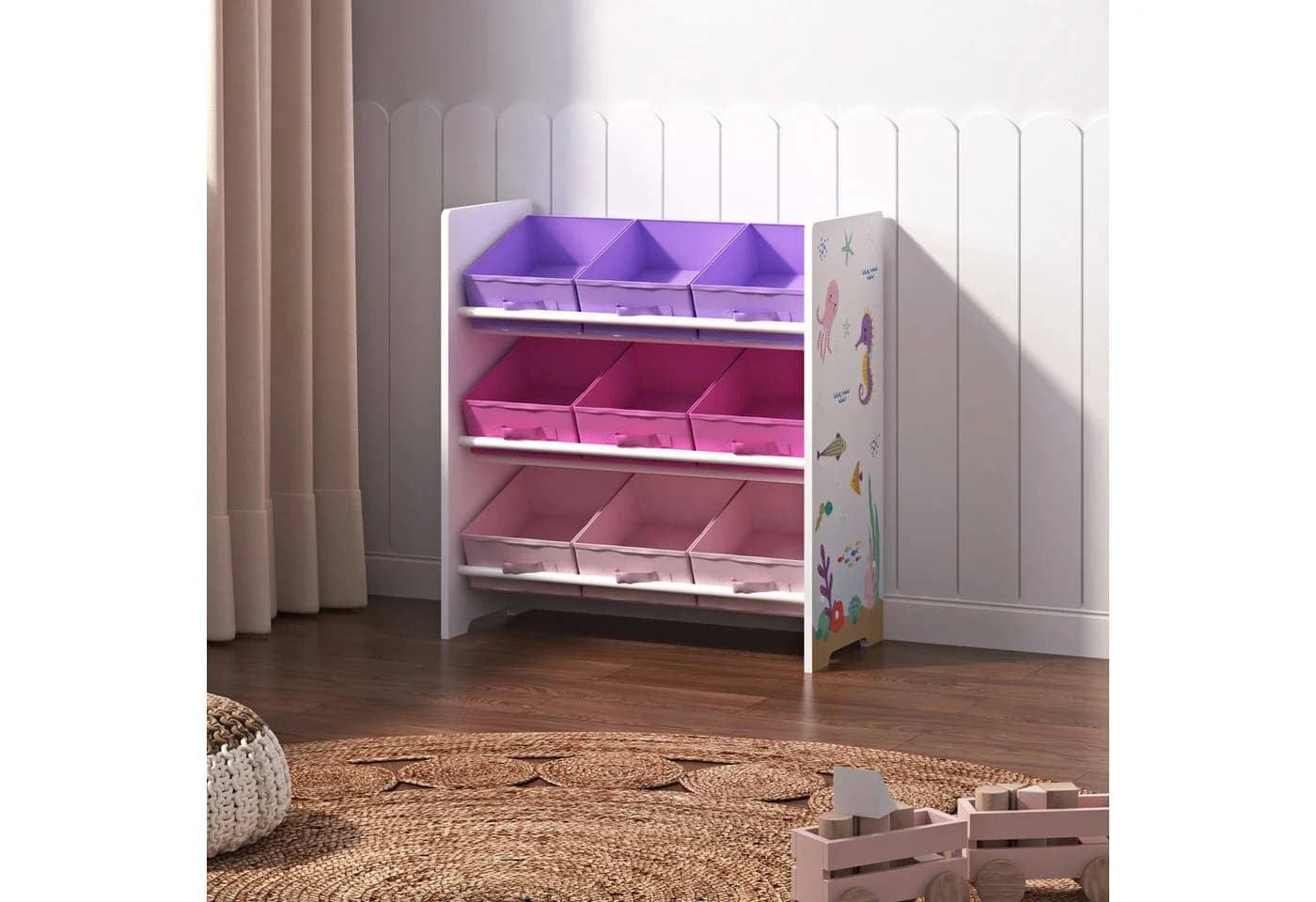 en.casa Kinderregal Boiro mit 9 Boxen Ozean-Motiv Rosa/Lila