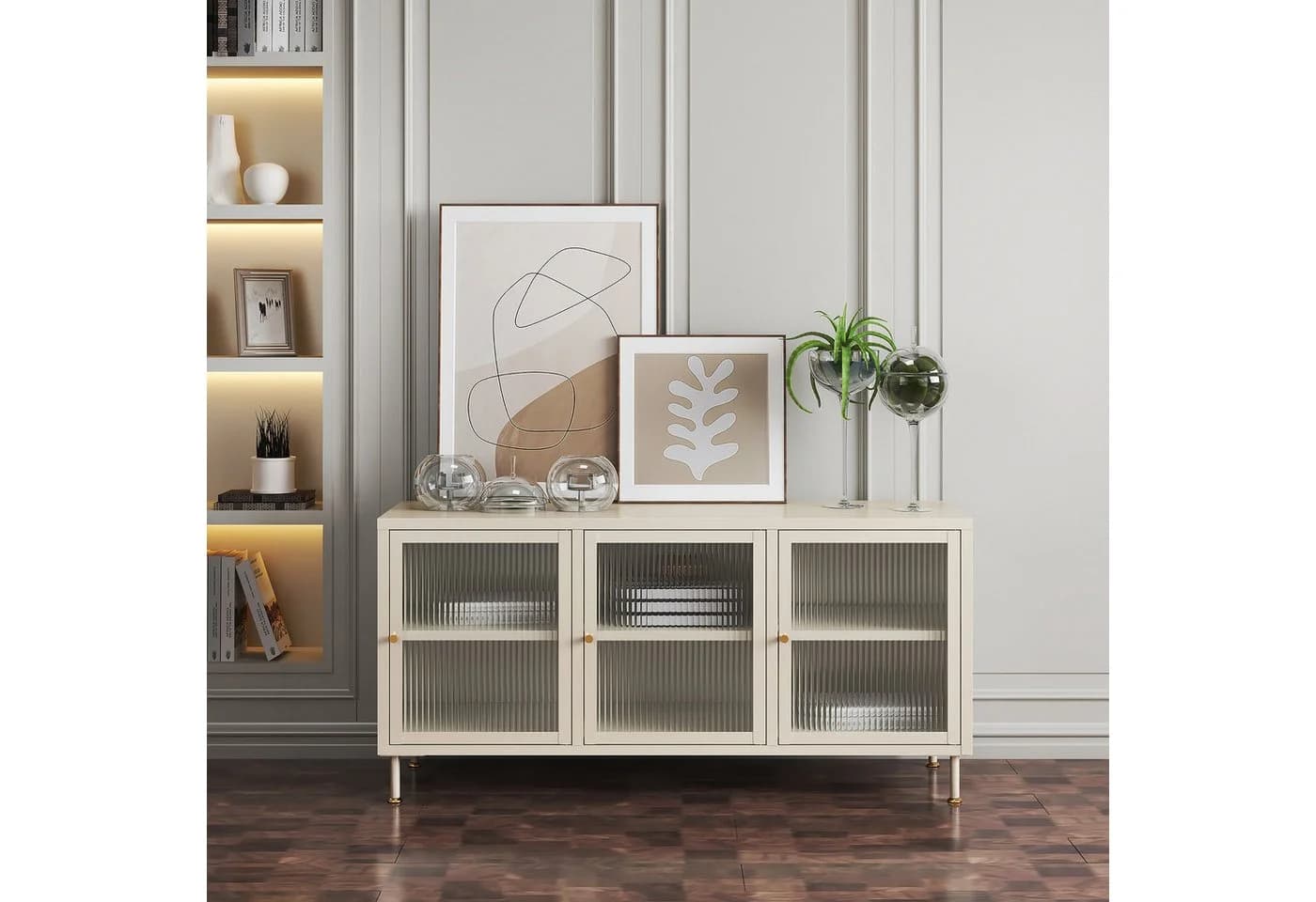 en.casa TV-Schrank Lindau 3 Glastüren Stahl 120x40x59 cm Cremeweiß
