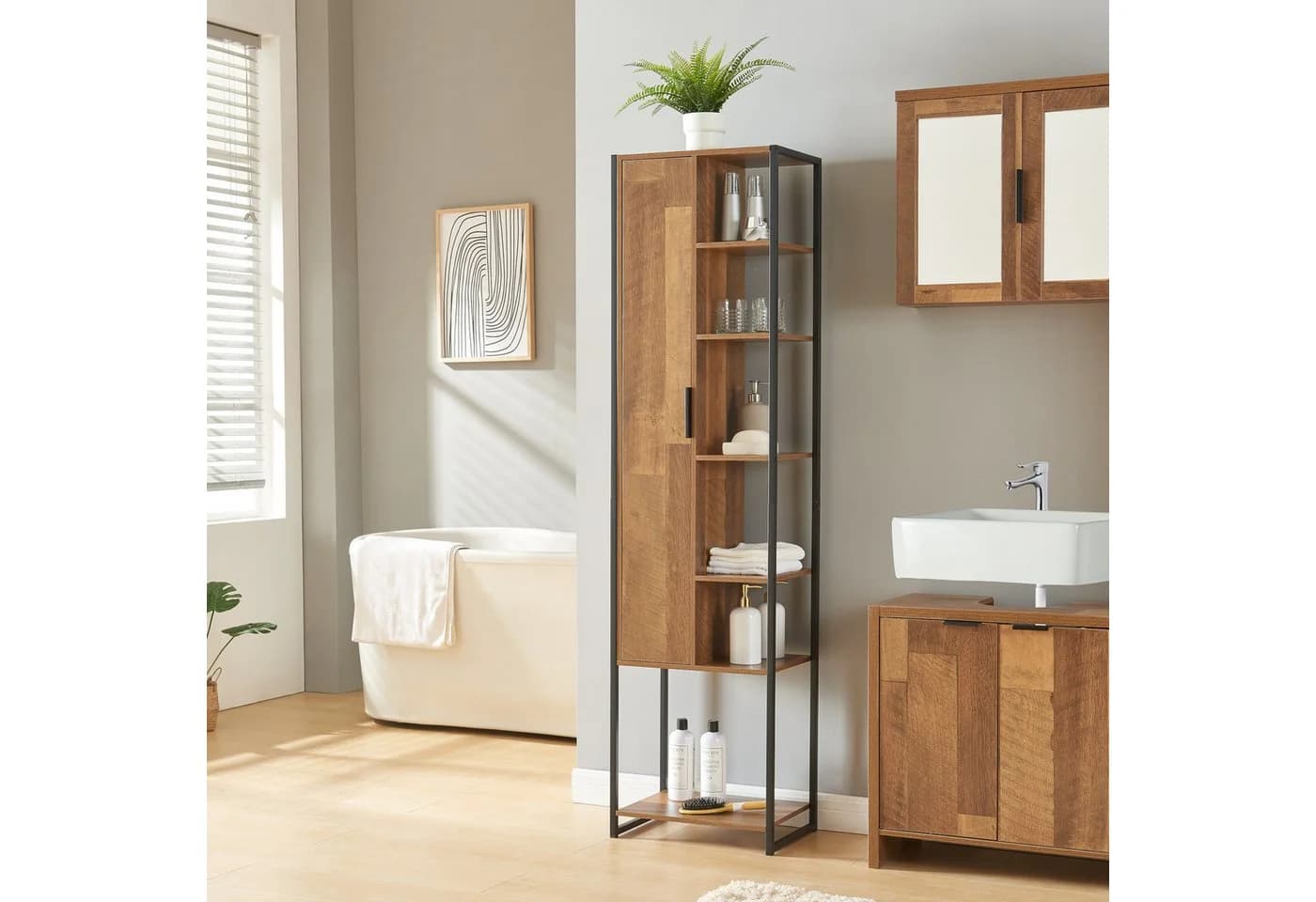 en.casa Hochschrank Namsskogan Walnussoptik mit Metallgestell
