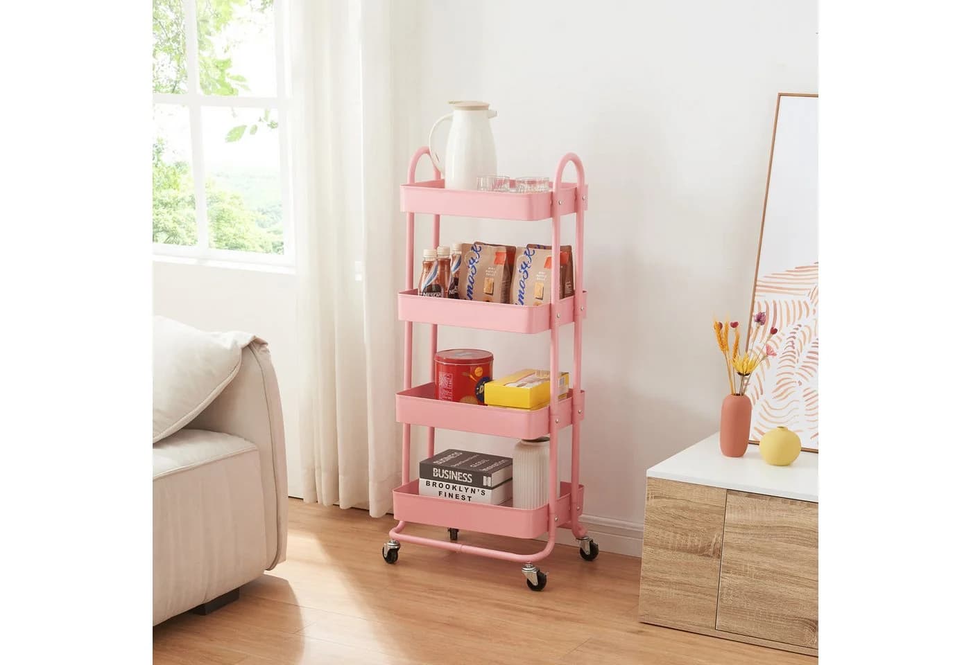 en.casa Küchenwagen Pyhäntä Stahl 4 Ebenen Rosa
