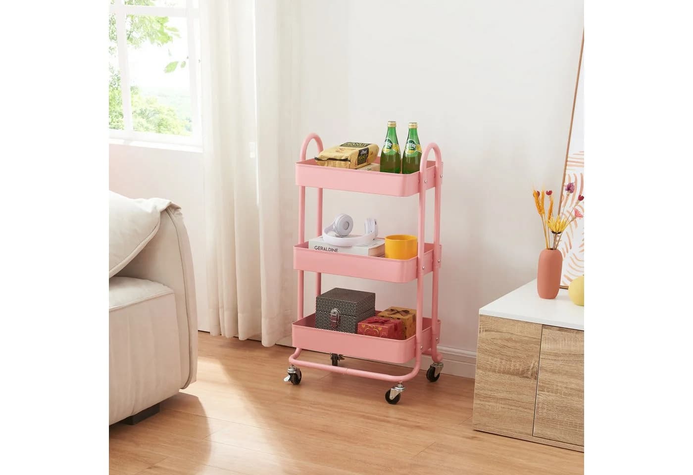 en.casa Küchenwagen Pyhäntä Stahl 3 Ebenen Rosa