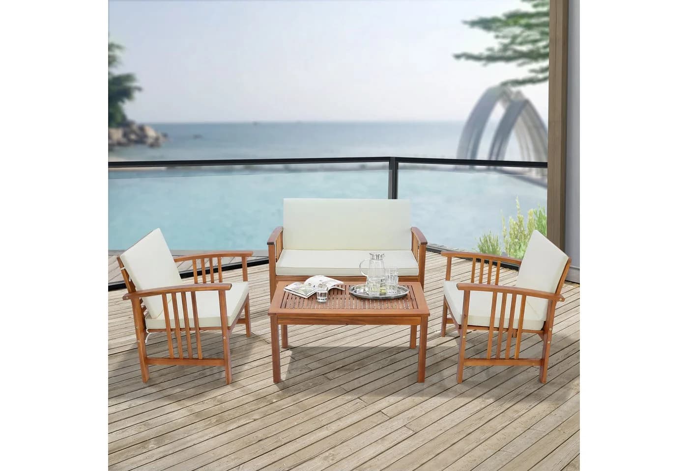 en.casa Gartenlounge-Set 4-tlg. Akazie Beige mit Kissen