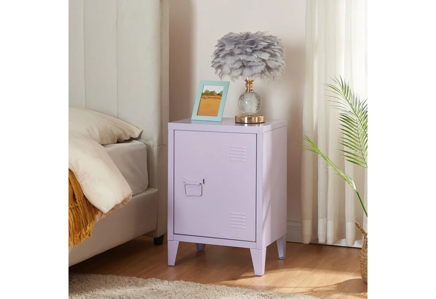en.casa Nachtschrank Inari Lila Stahl mit Regalablage