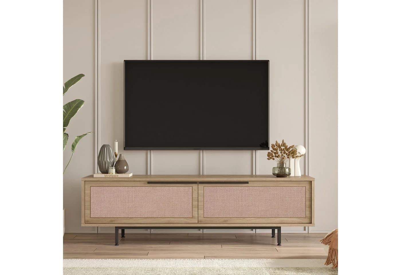 en.casa TV-Schrank Kvænangen 2 Türen Eichen-/Rattanoptik Schwarz