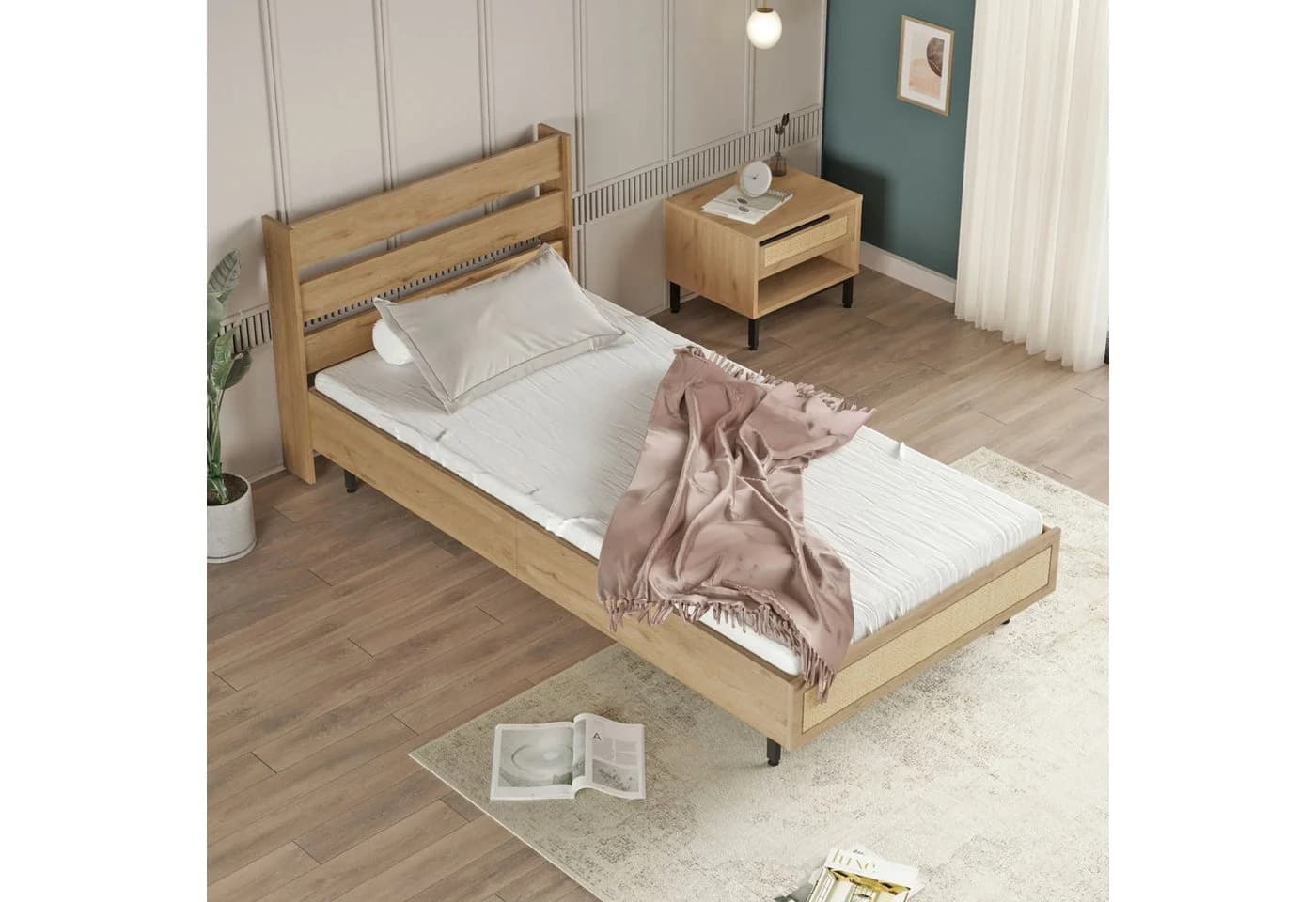 en.casa Einzelbett Kvænangen mit Lattenrost Eiche-/Rattan-Optik - Bild 3