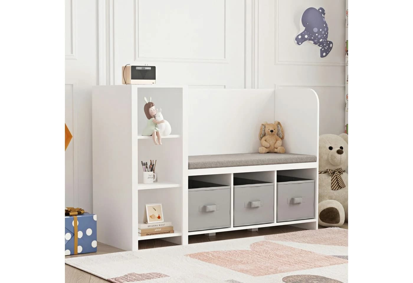 en.casa Sitzbank Høylandet Kinderbank mit Regal Weiß/Grau - Bild 2