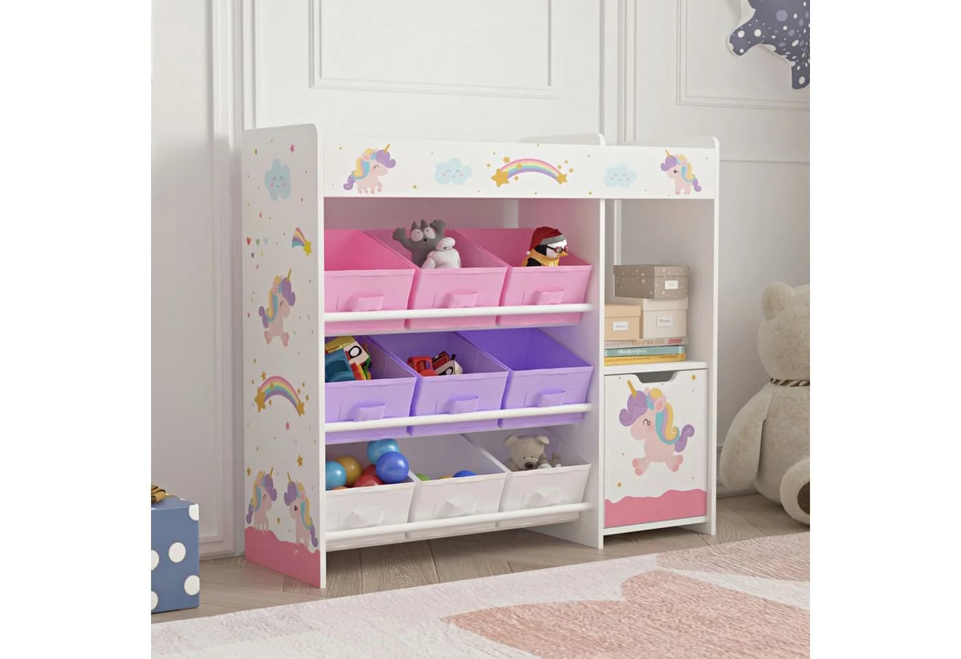 en.casa Kinderregal Søndreland mit 9 Faltboxen Einhorn Motiv Weiß/Rosa/Violett