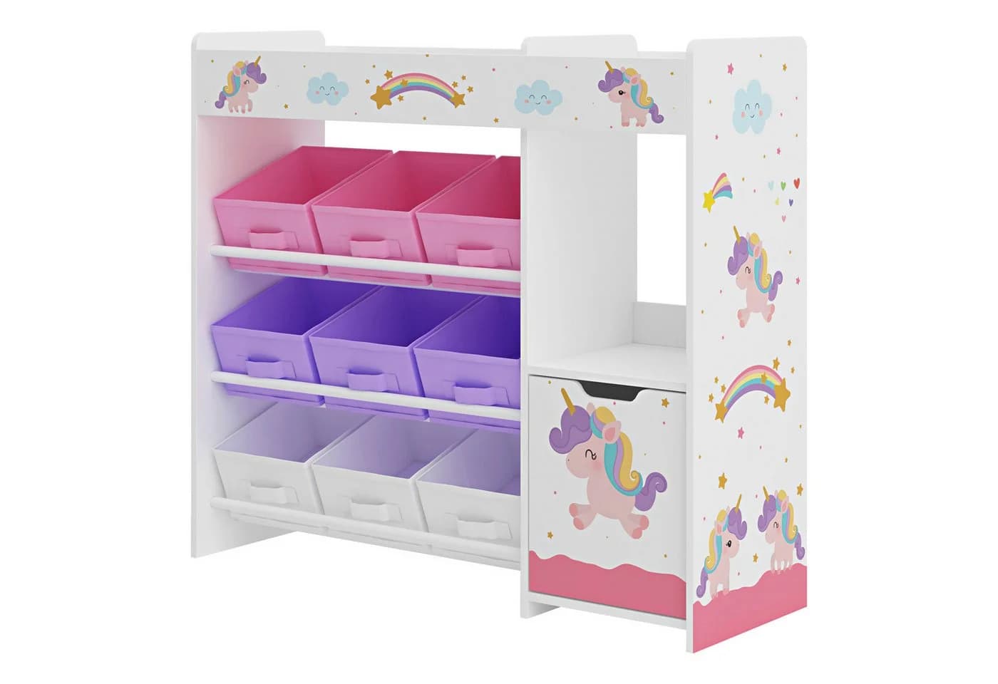 en.casa Kinderregal Søndreland mit 9 Faltboxen Einhorn Motiv Weiß/Rosa/Violett - Bild 4