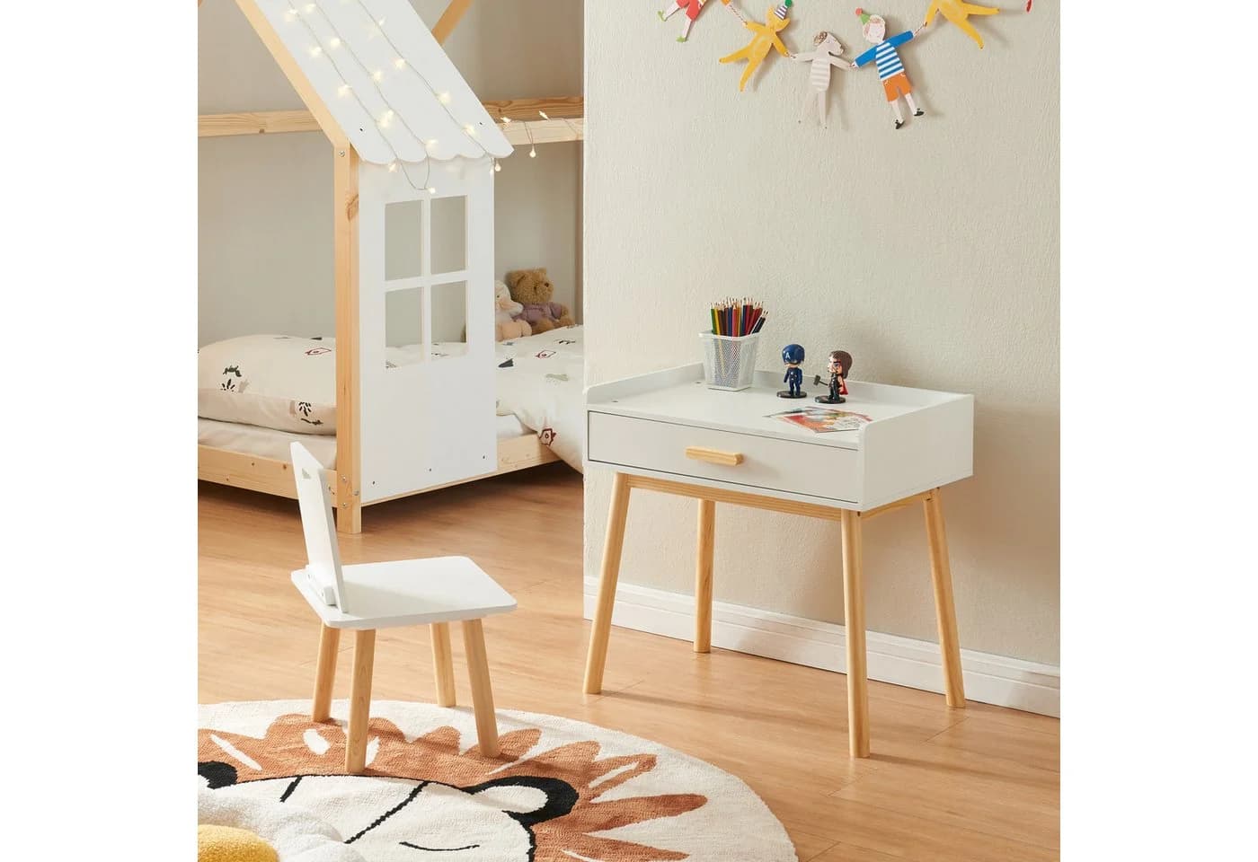en.casa Kinderschreibtisch 2er Set Skjervøy Holz/Weiß mit Schublade - Bild 2