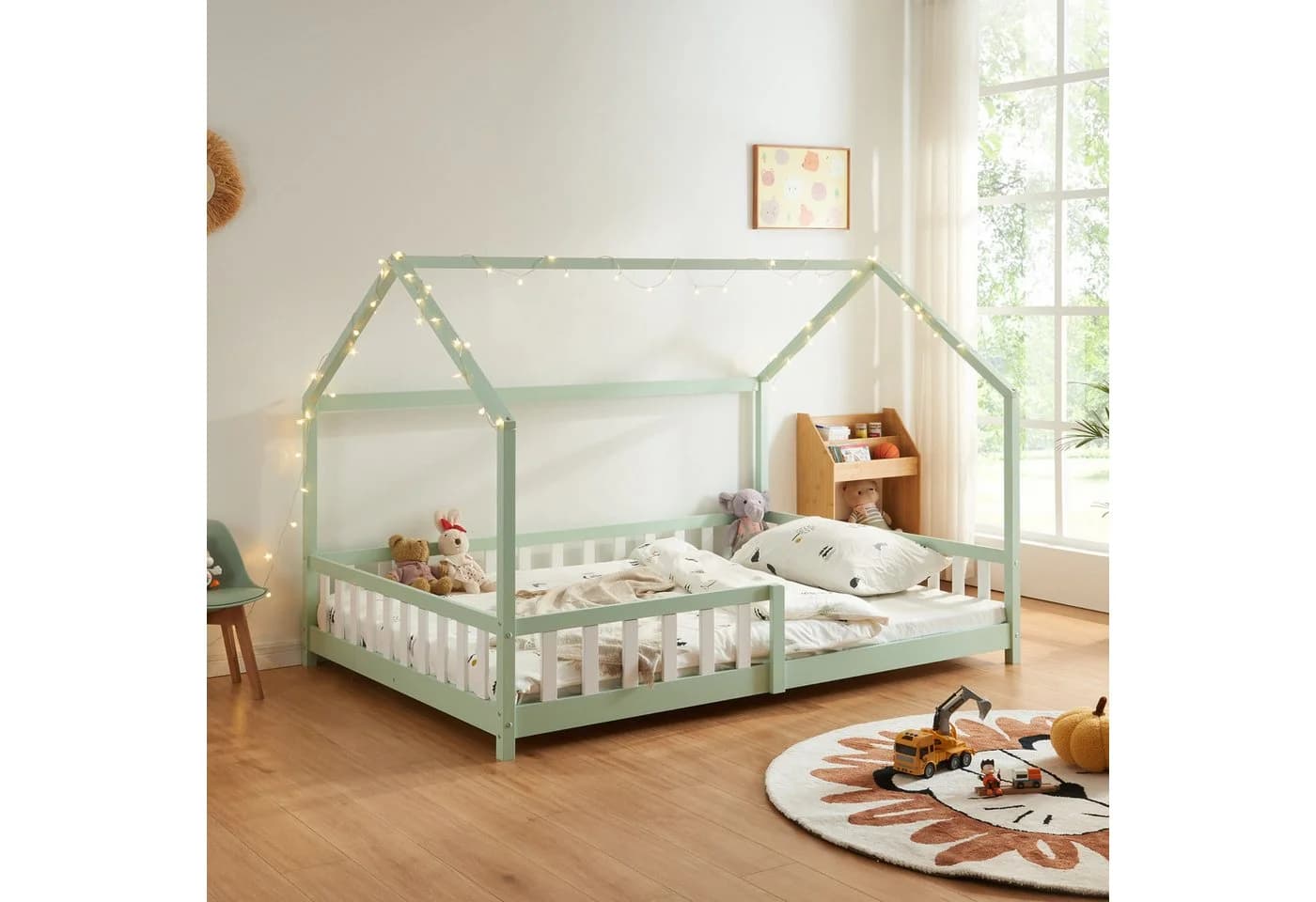 en.casa Hausbett »Hesel« Montessori Bett Kiefernholz Mintgrün