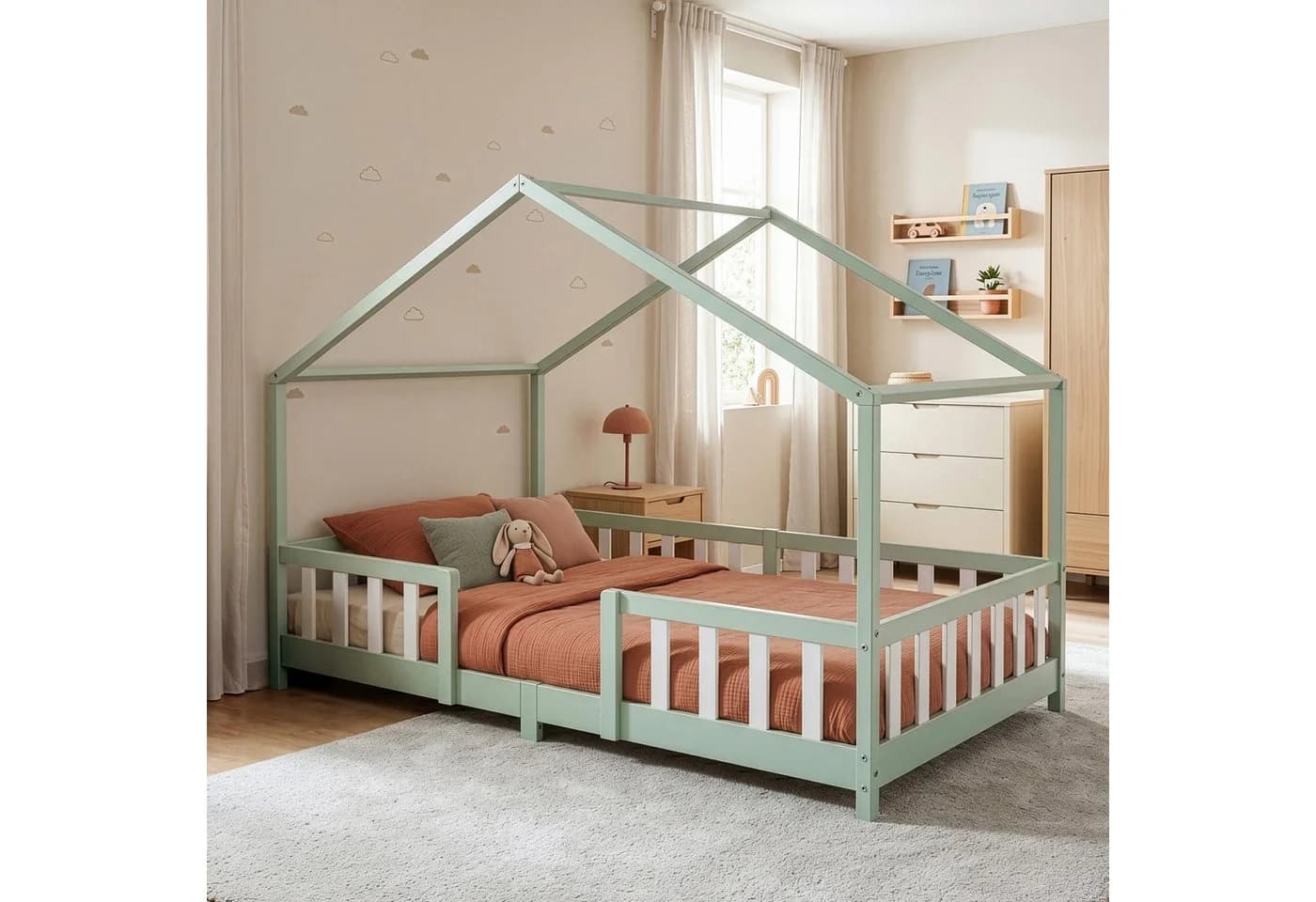 en.casa Kinderbett Treviolo Haus-Optik Montessori Mintgrün/Weiß - Bild 2