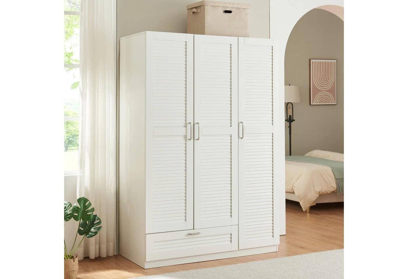en.casa Kleiderschrank Finning Weiß 3 Türen 2 Stangen 7 Fächer - Bild 3