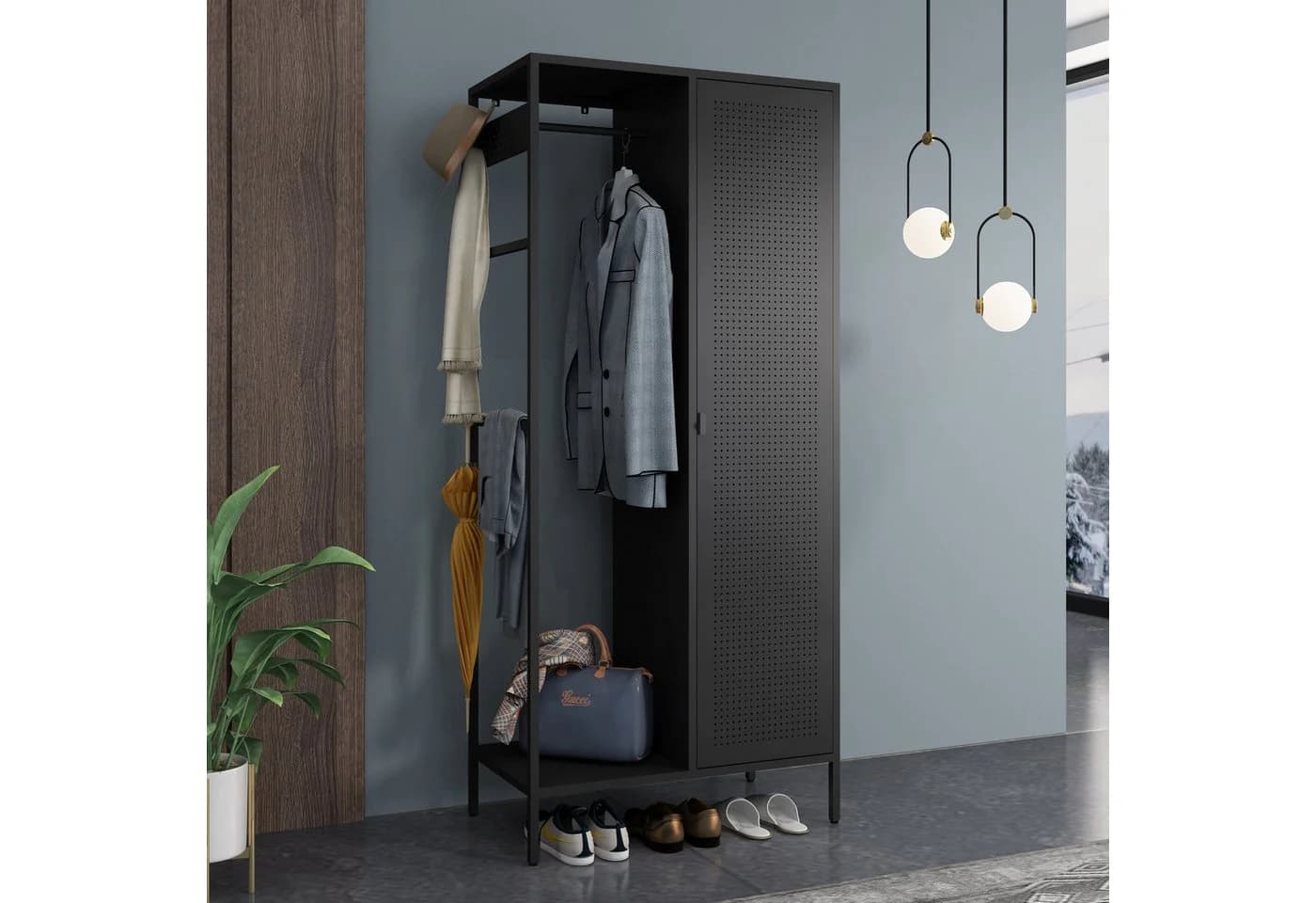 en.casa Kleiderschrank Puumala Schwarz Metall mit Kleiderstange und 4 Fächern