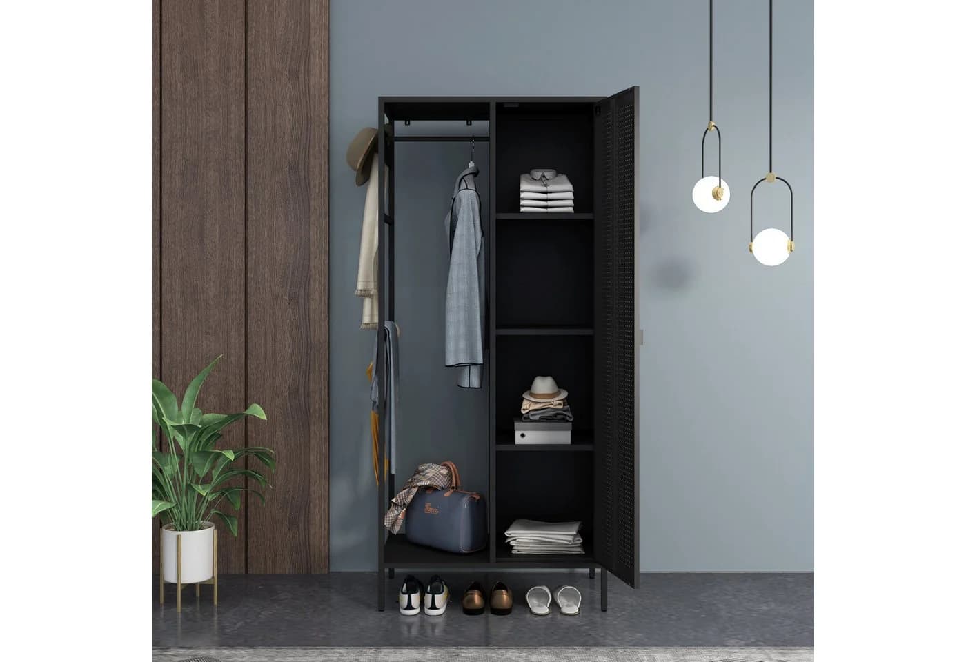 en.casa Kleiderschrank Puumala Schwarz Metall mit Kleiderstange und 4 Fächern - Bild 3