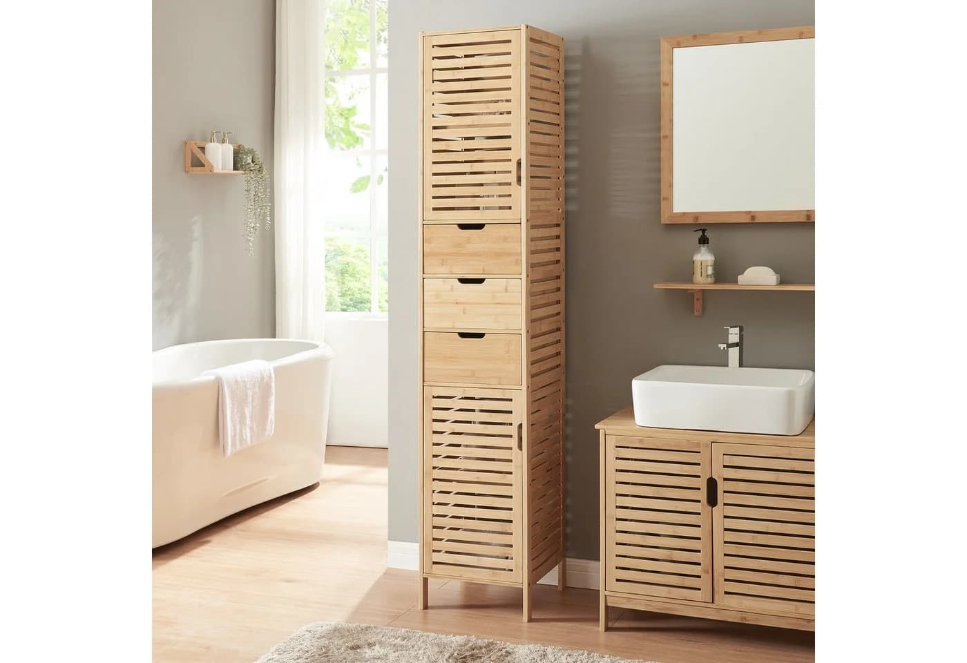 en.casa Hochschrank Boksereys Bambus mit 2 Türen und 3 Schubladen
