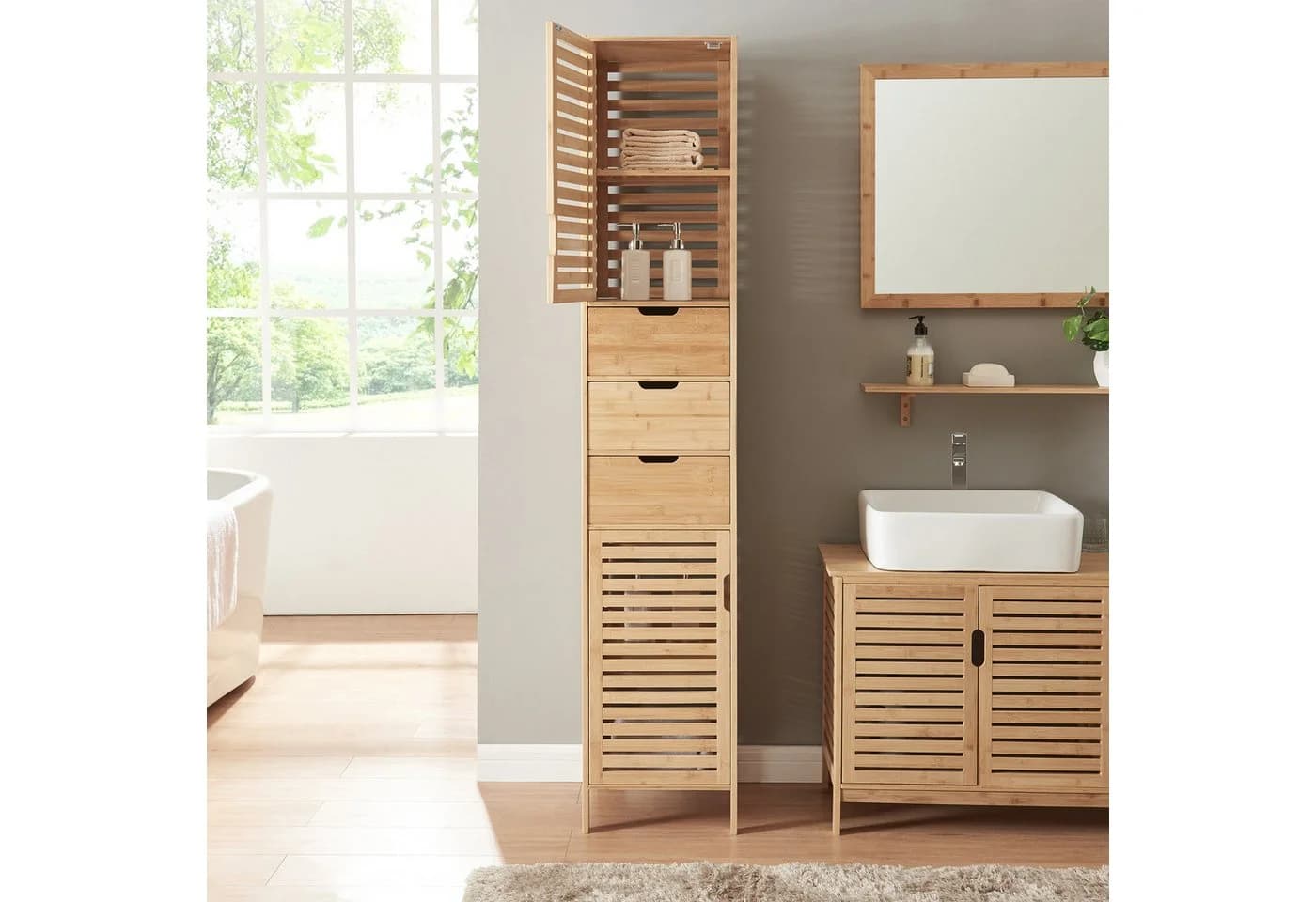 en.casa Hochschrank Boksereys Bambus mit 2 Türen und 3 Schubladen - Bild 3