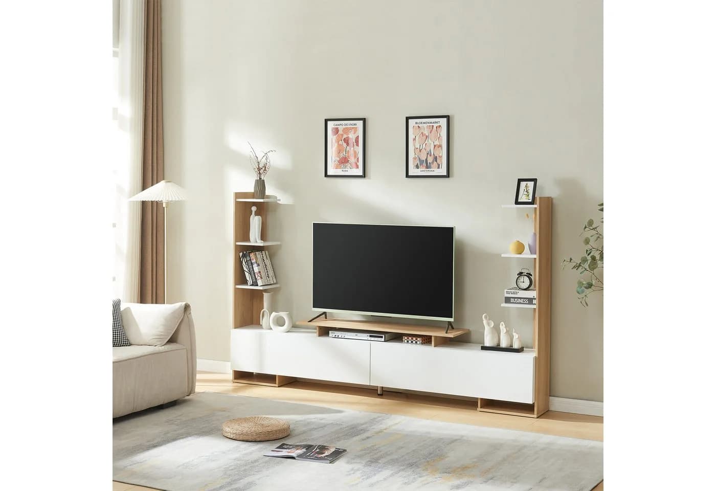 en.casa TV-Schrank Rauki mit Seitenregalen Weiß/Eicheoptik