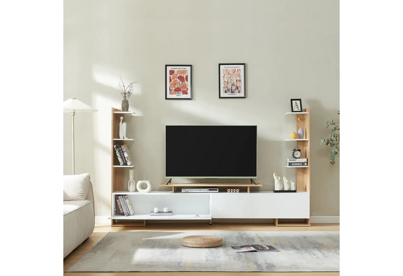 en.casa TV-Schrank Rauki mit Seitenregalen Weiß/Eicheoptik - Bild 3