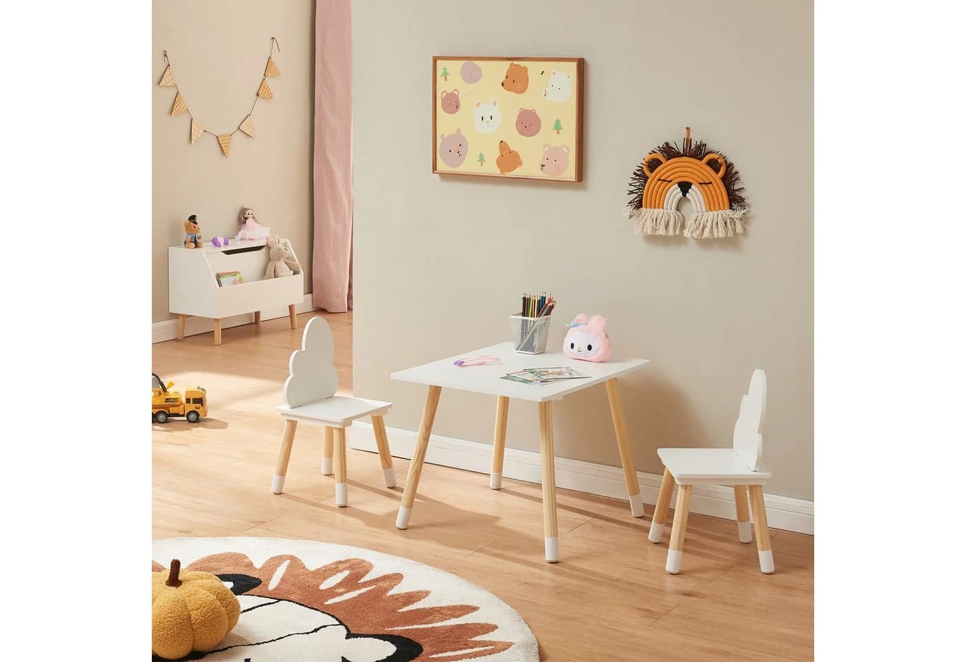 en.casa Kindersitzgruppe 3-tlg. »Hovle« Weiß Wolken-Design MDF Kiefernholz