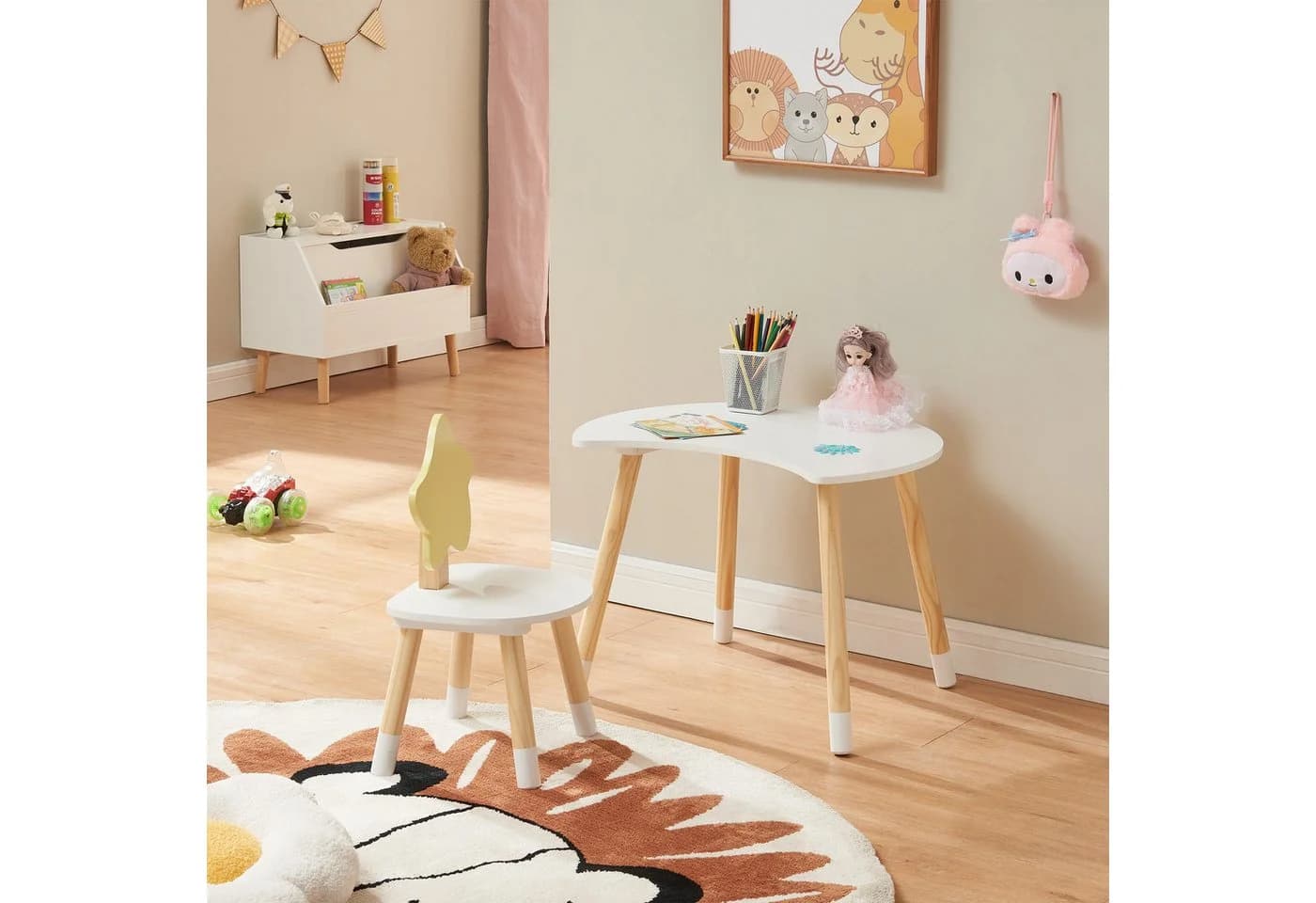 en.casa Kinderschreibtisch-Set mit Stuhl »Lallega« Weiß/Gelb Kiefernholz + MDF