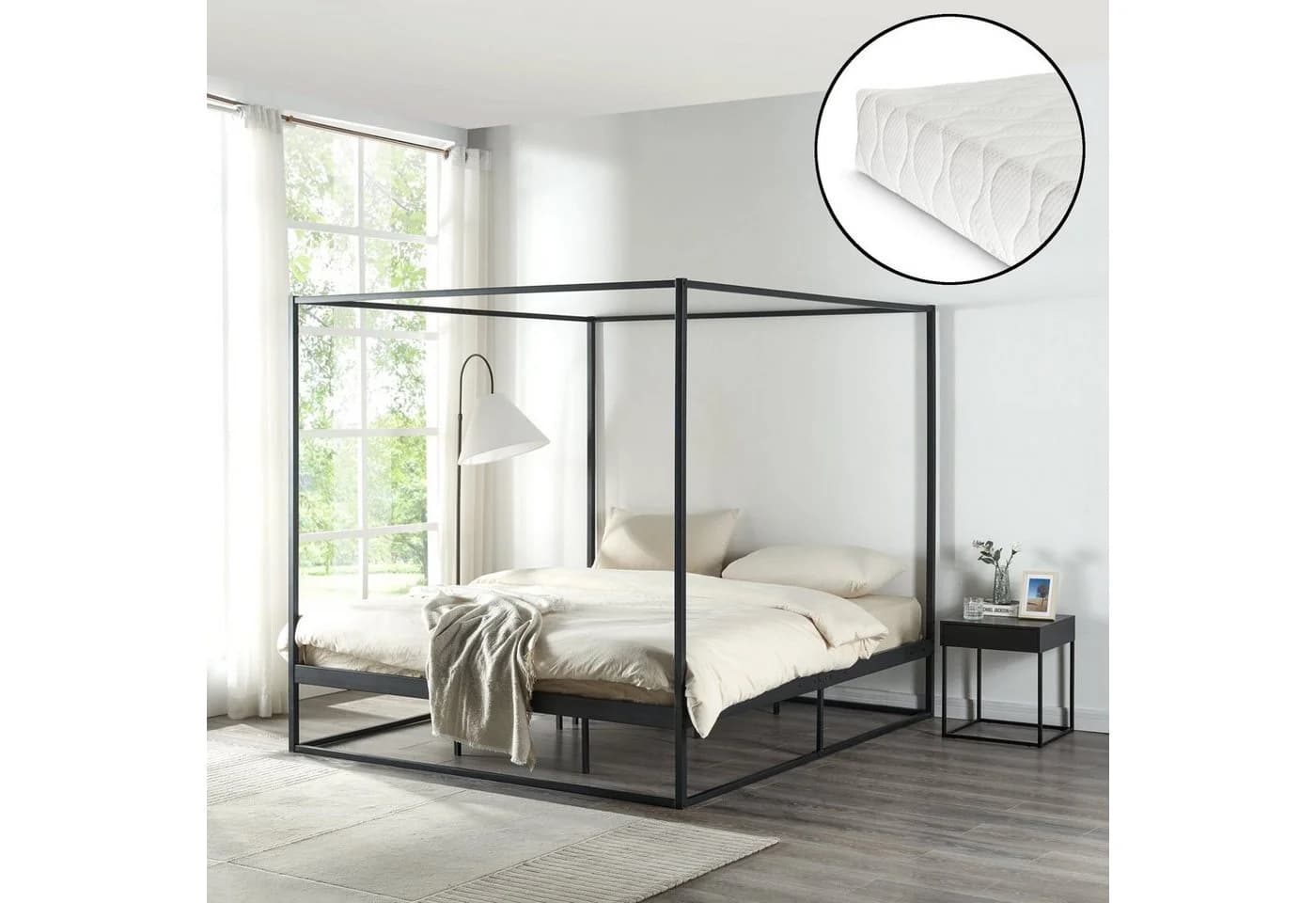 en.casa Himmelbett Kristianstad Schwarz mit Matratze