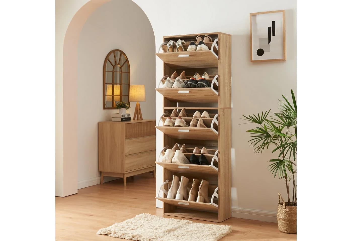 en.casa Schuhschrank Sykkylven Schuhkipper 5 Klappen Sonoma-Eiche