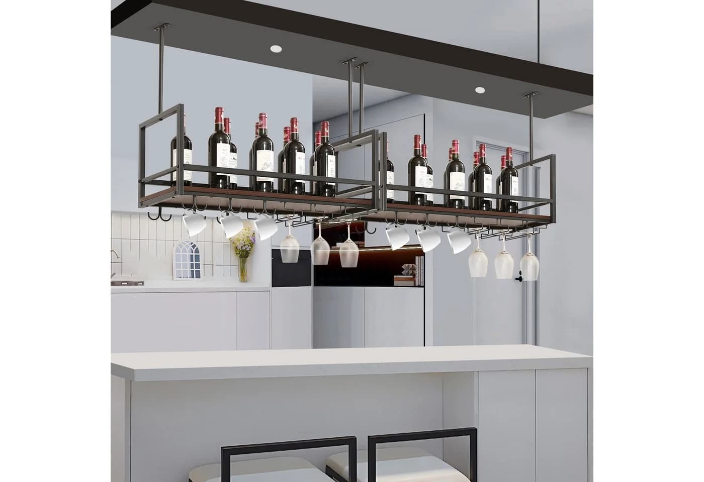 en.casa Weinregal mit Glashalterung und Doppelhaken Schwarz/Walnussoptik - Bild 3