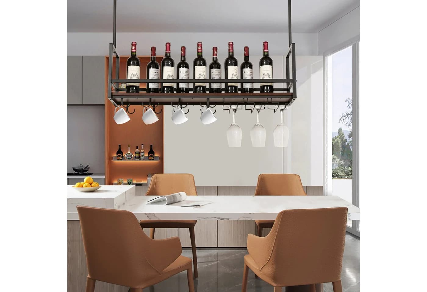 en.casa Weinregal mit Glashalterung und Doppelhaken Schwarz/Walnussoptik