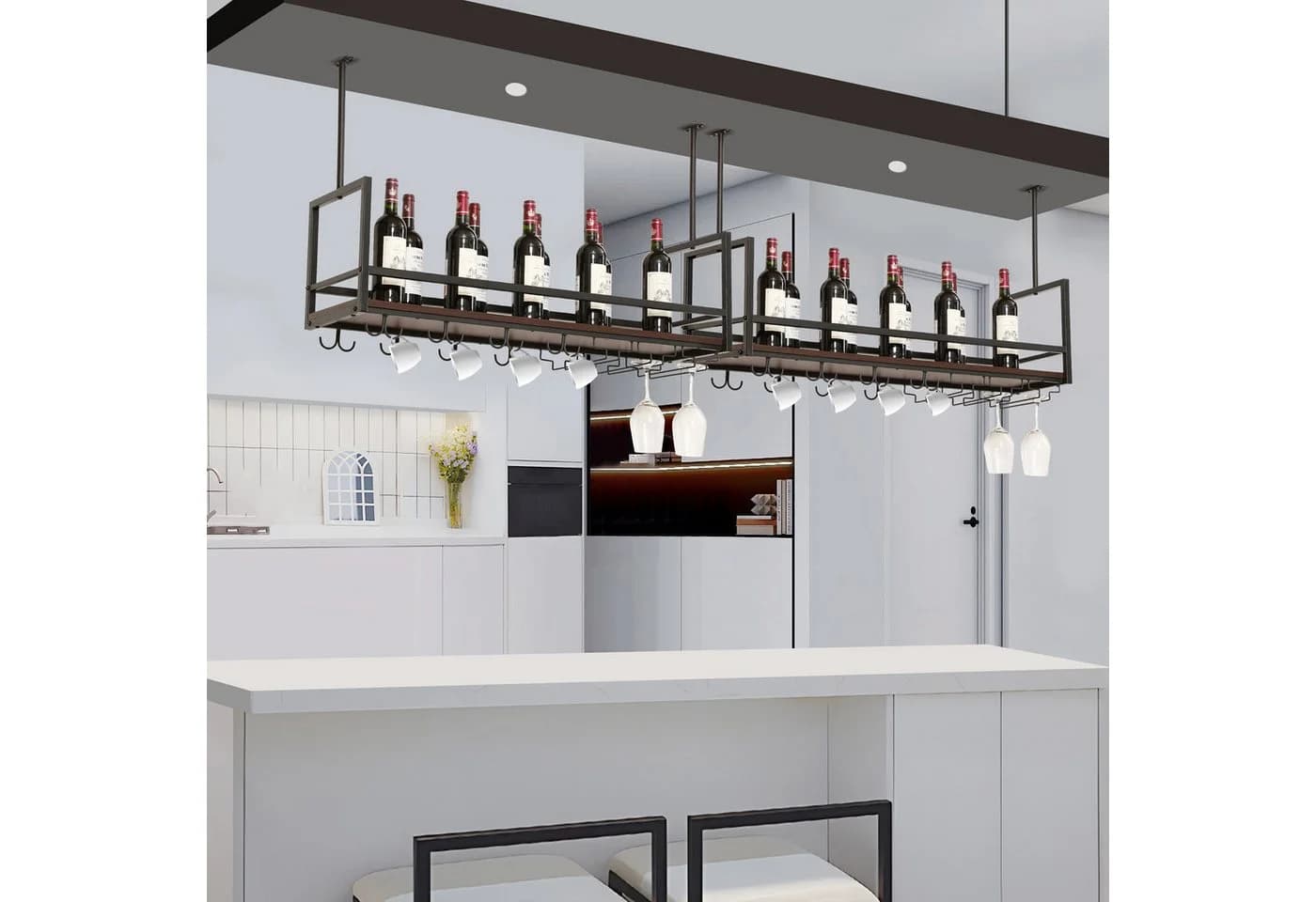 en.casa Weinregal mit Glashalterung und Doppelhaken Schwarz/Walnussoptik - Bild 3