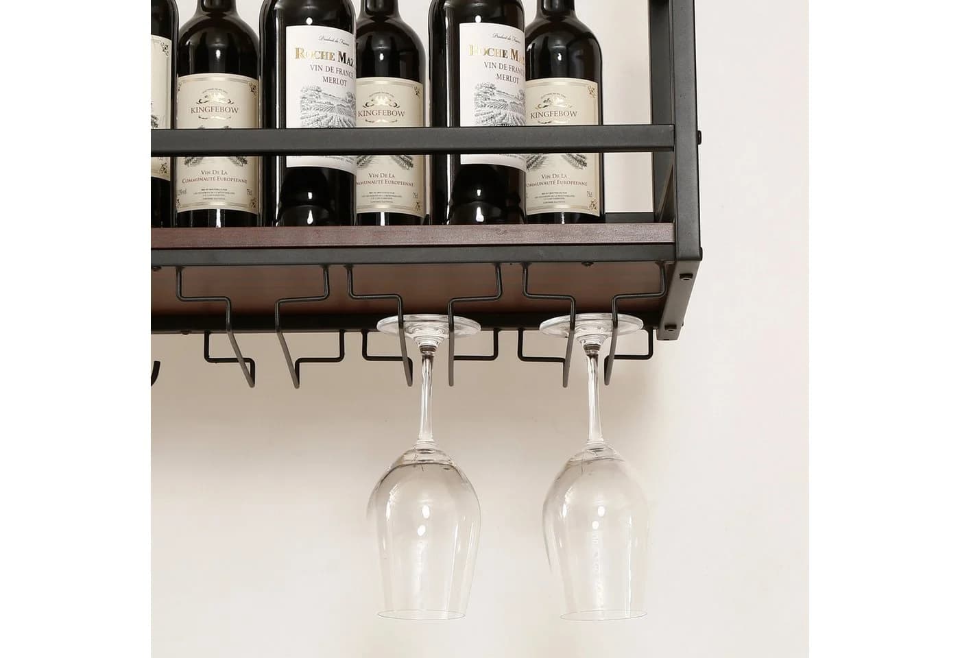 en.casa Weinregal mit Glashalterung und Doppelhaken Schwarz/Walnussoptik - Bild 5