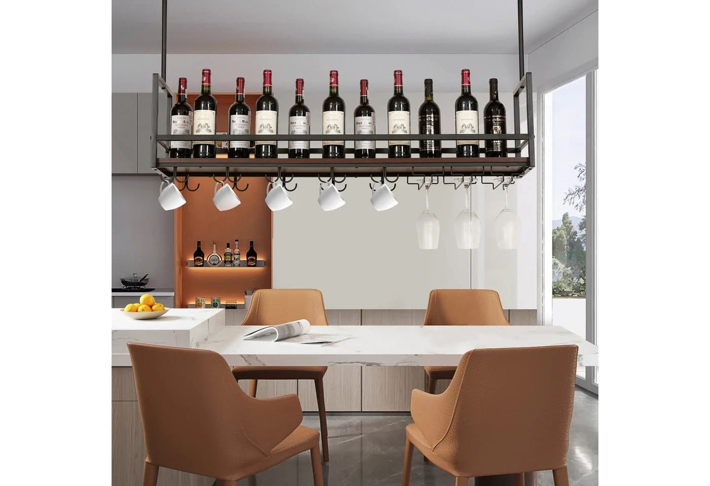 en.casa Weinregal Borejle Schwarz Walnussoptik mit Glashalterung