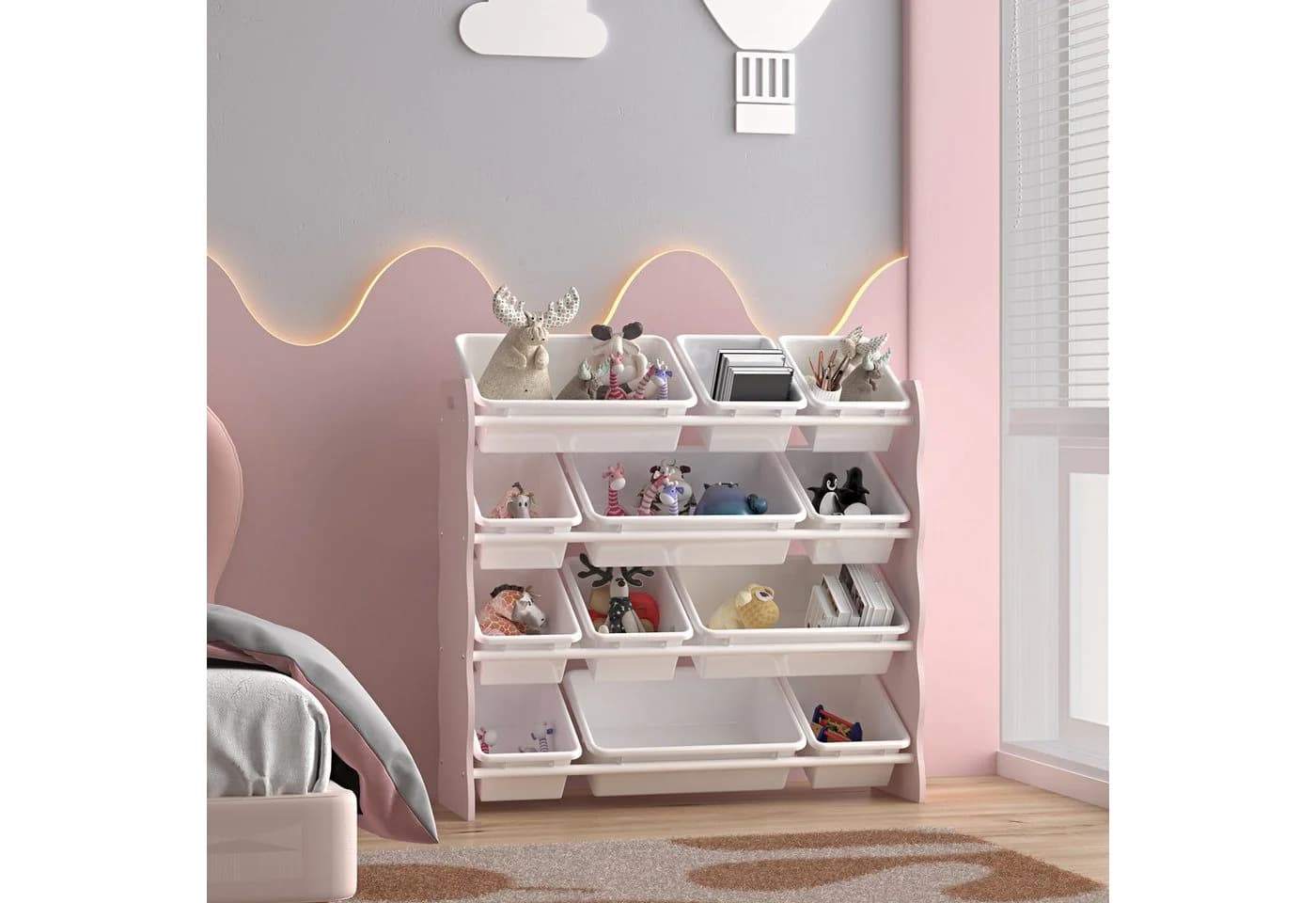 en.casa Kinderregal Vestnes mit 12 Boxen Rosa Weiß