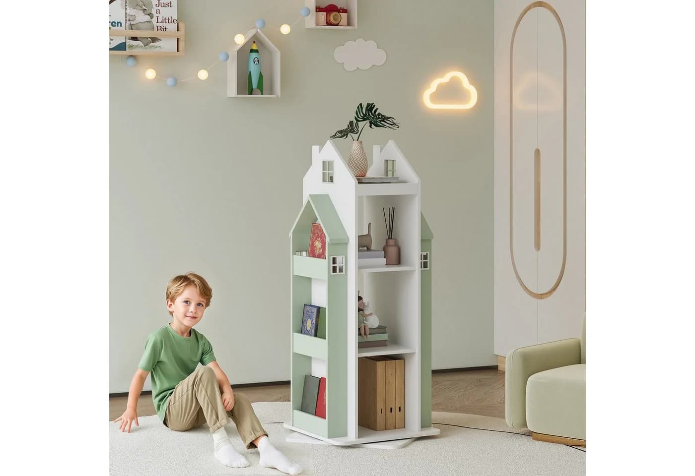 en.casa Kinderregal Vipsali drehbar Hausdesign Mintgrün Weiß