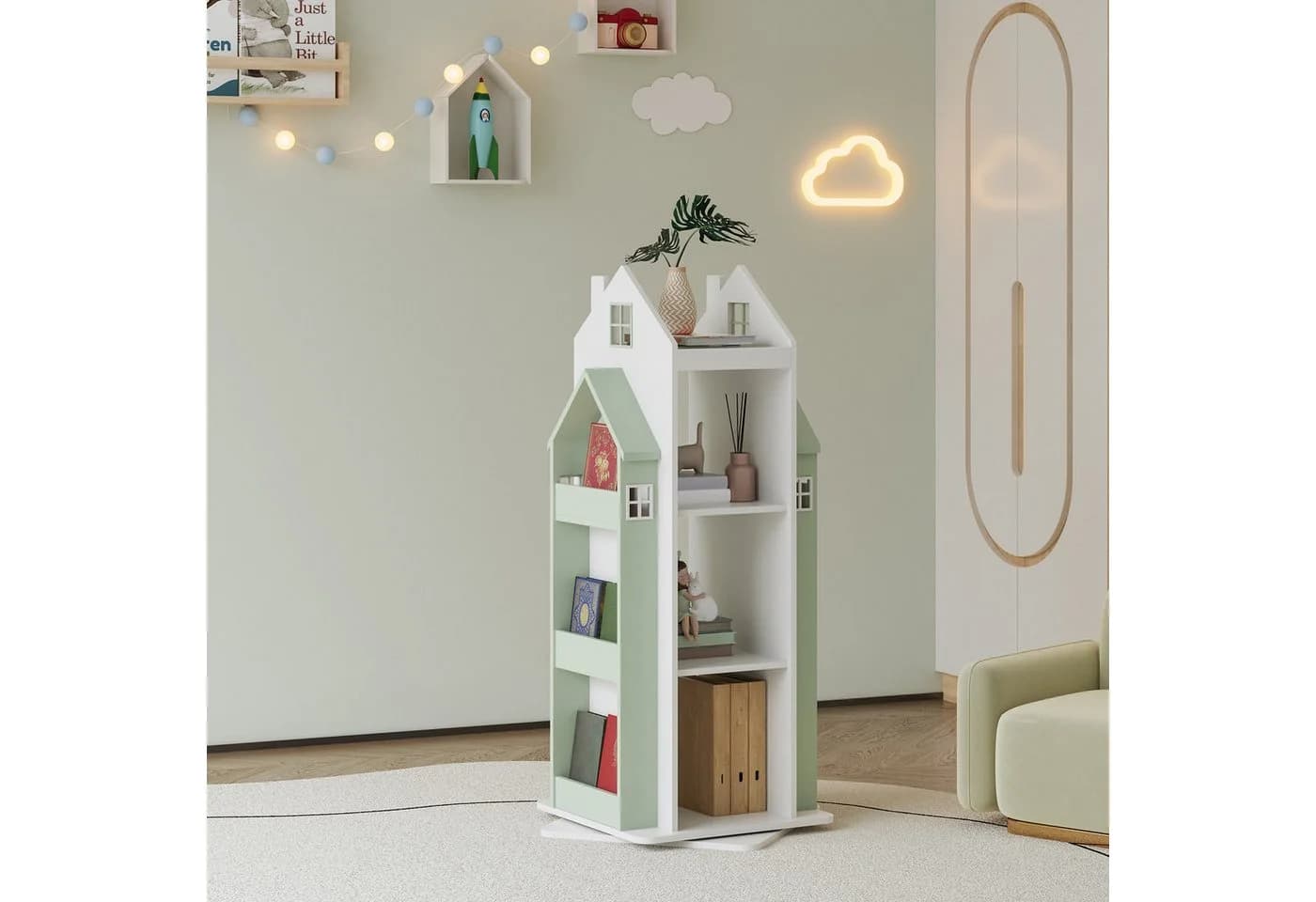 en.casa Kinderregal Vipsali drehbar Hausdesign Mintgrün Weiß - Bild 2