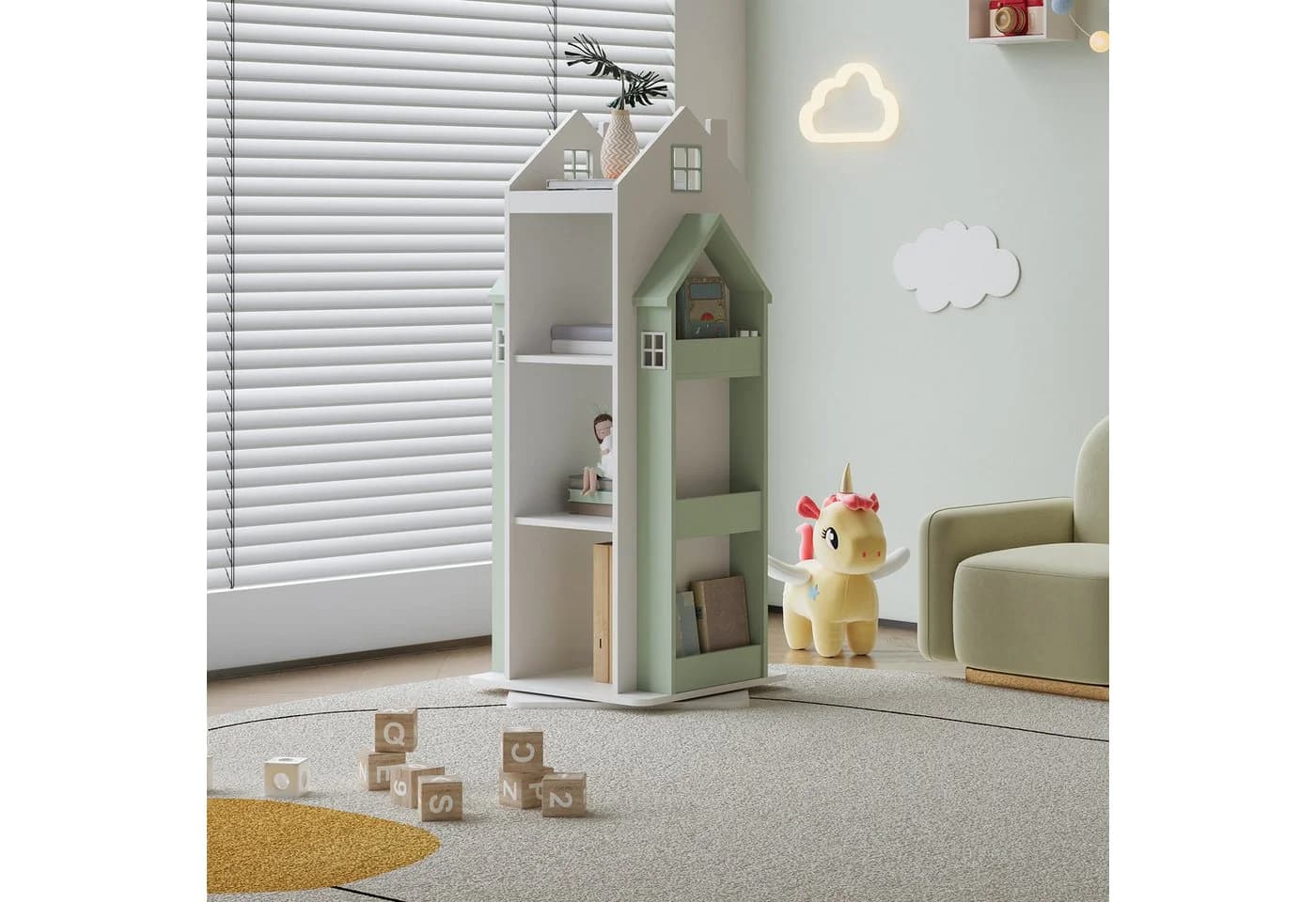 en.casa Kinderregal Vipsali drehbar Hausdesign Mintgrün Weiß - Bild 3